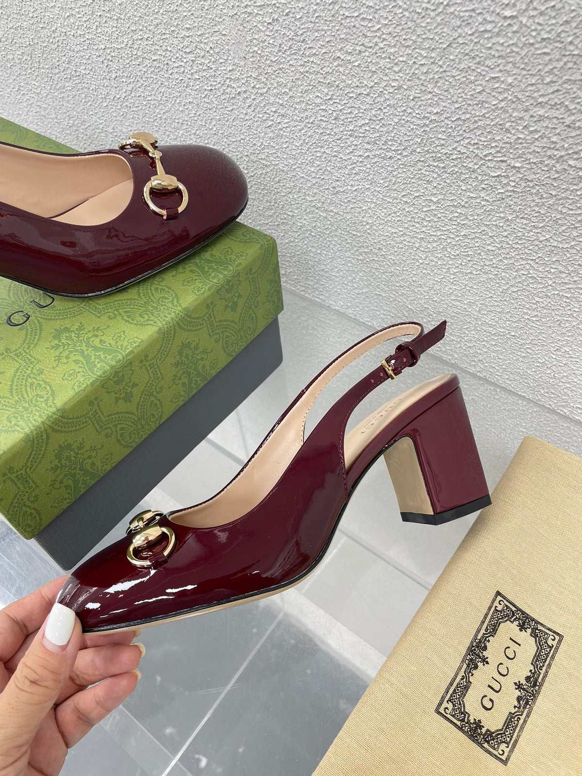 GG WOMEN'S HORSEBIT SLINGBACK 65MM IN WINE RED CALFSKIN