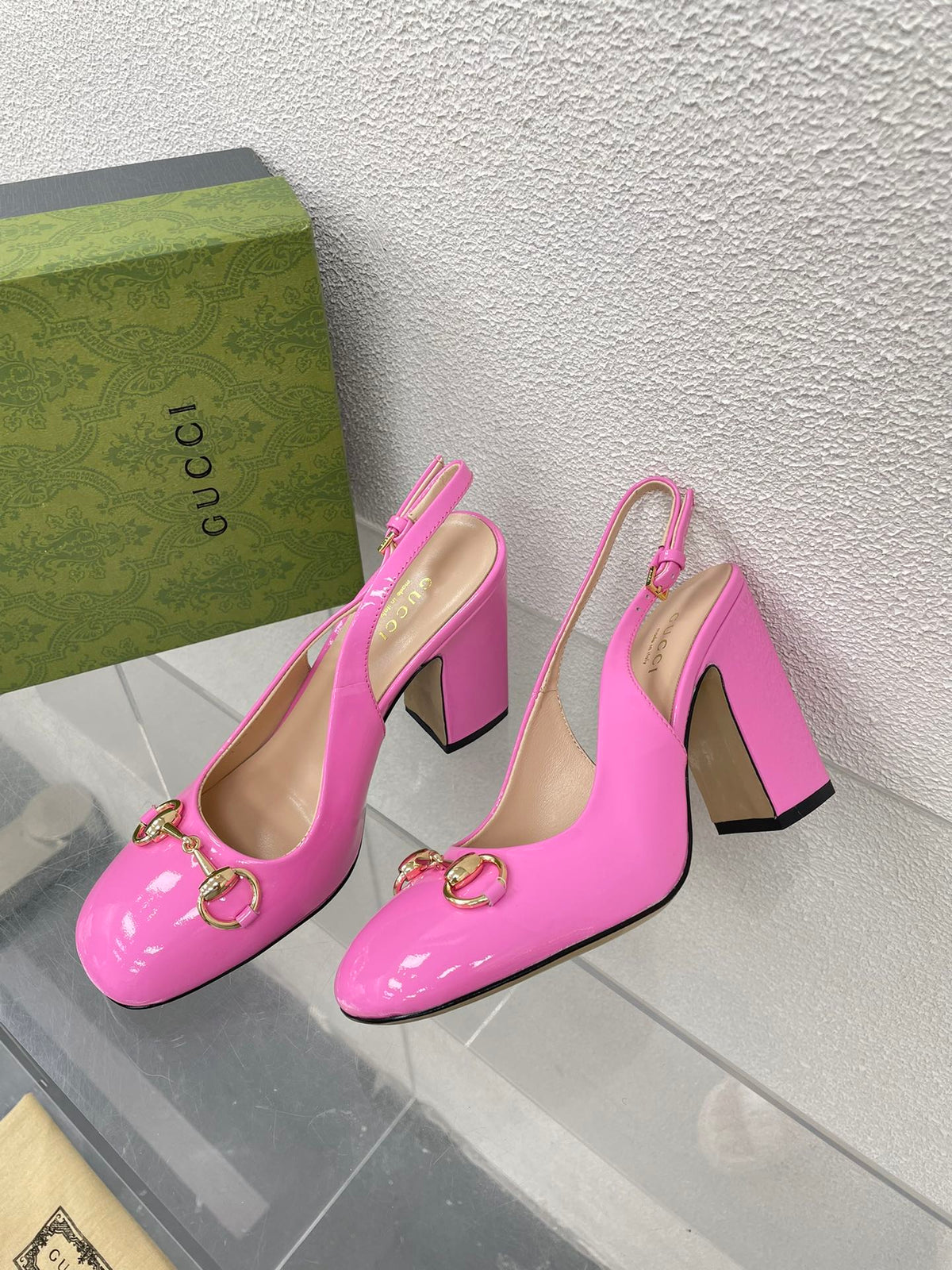 GG WOMEN'S HORSEBIT SLINGBACK 95MM IN FUSICA PINK CALFSKIN