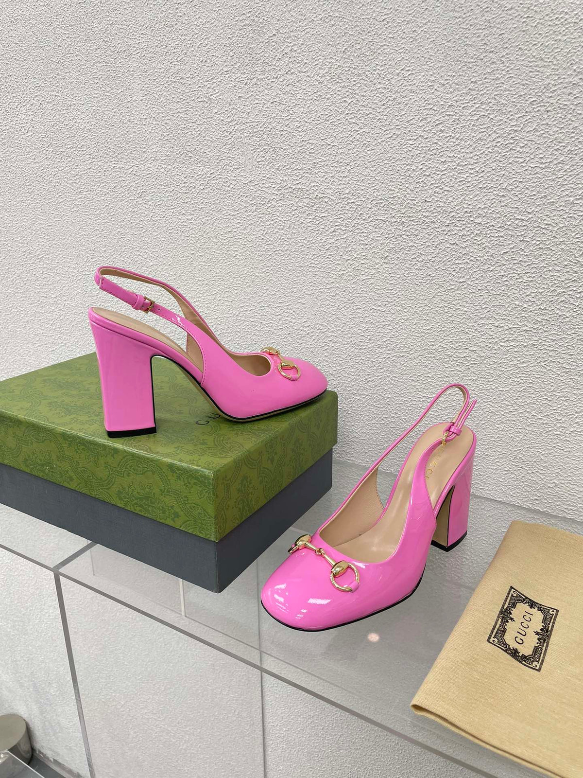 GG WOMEN'S HORSEBIT SLINGBACK 95MM IN FUSICA PINK CALFSKIN