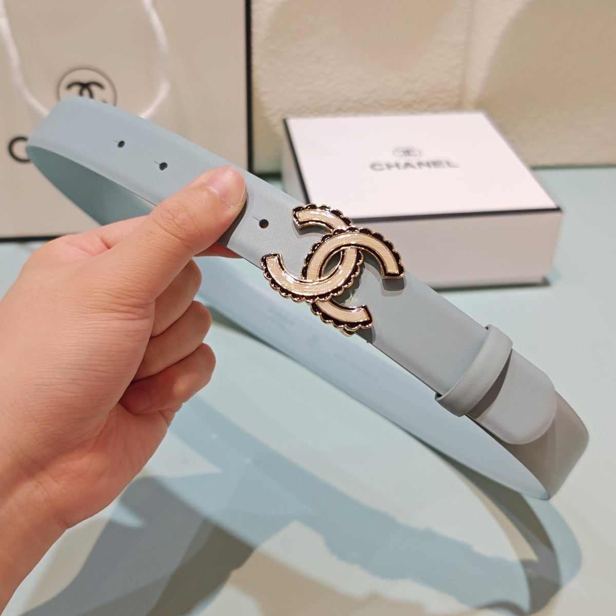 CC Belt 3.0 Scalloped Edge Buckle Light Blue Cowhide 200004