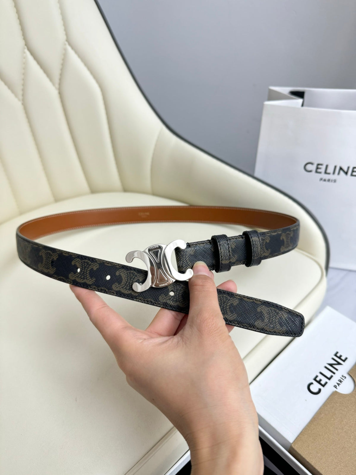 CEL Silver 25mm Triomphe Belt Blue Canvas 180416
