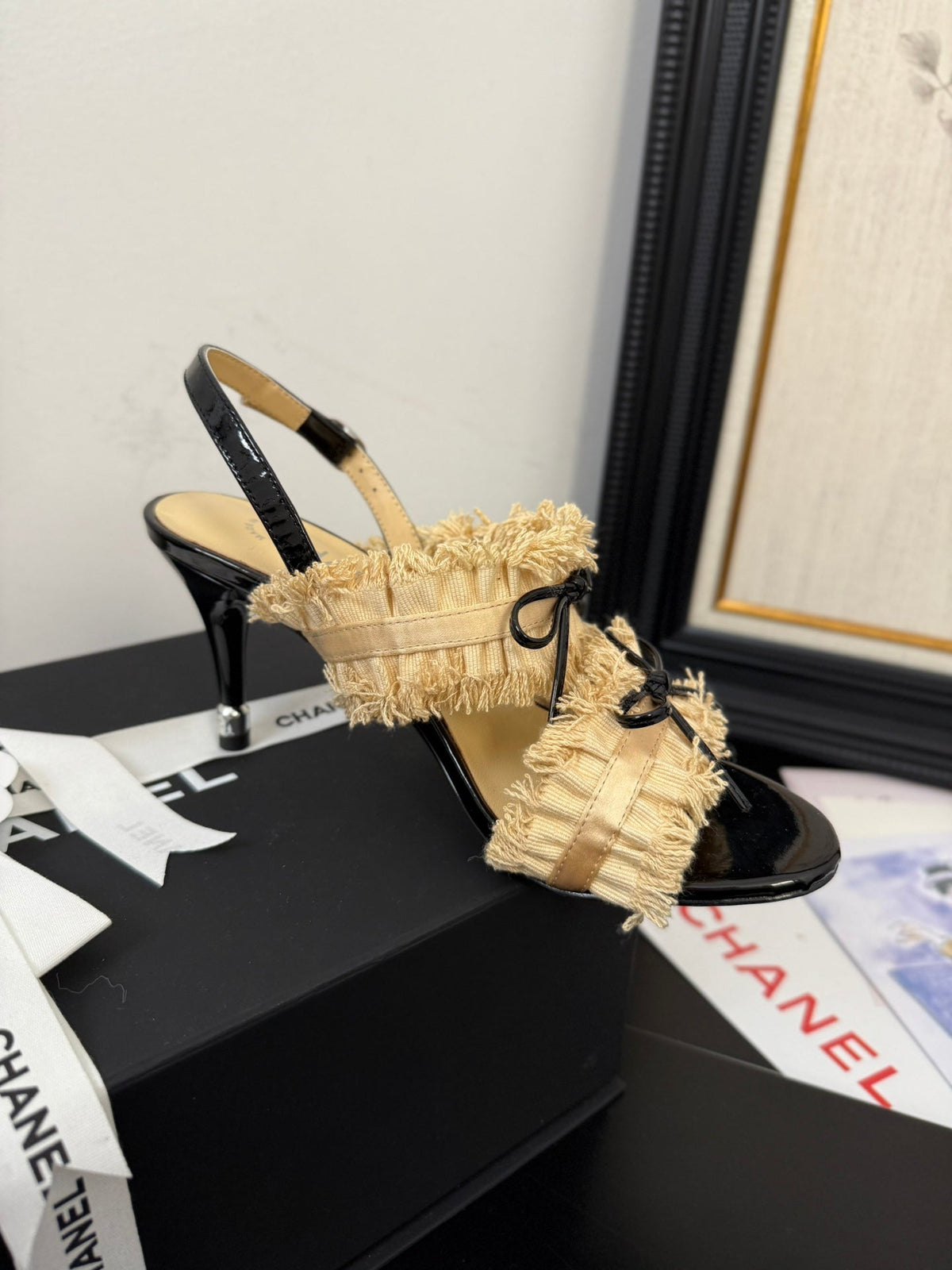 cc25 slingback sandal ̣90mm bow black grosgrain gold canvas 233594