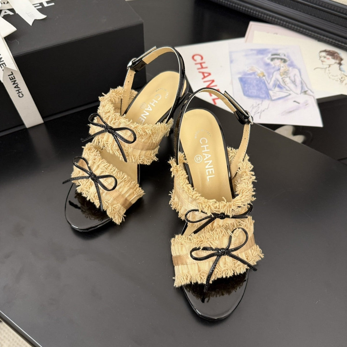 cc25 slingback sandal ̣90mm bow black grosgrain gold canvas 233594