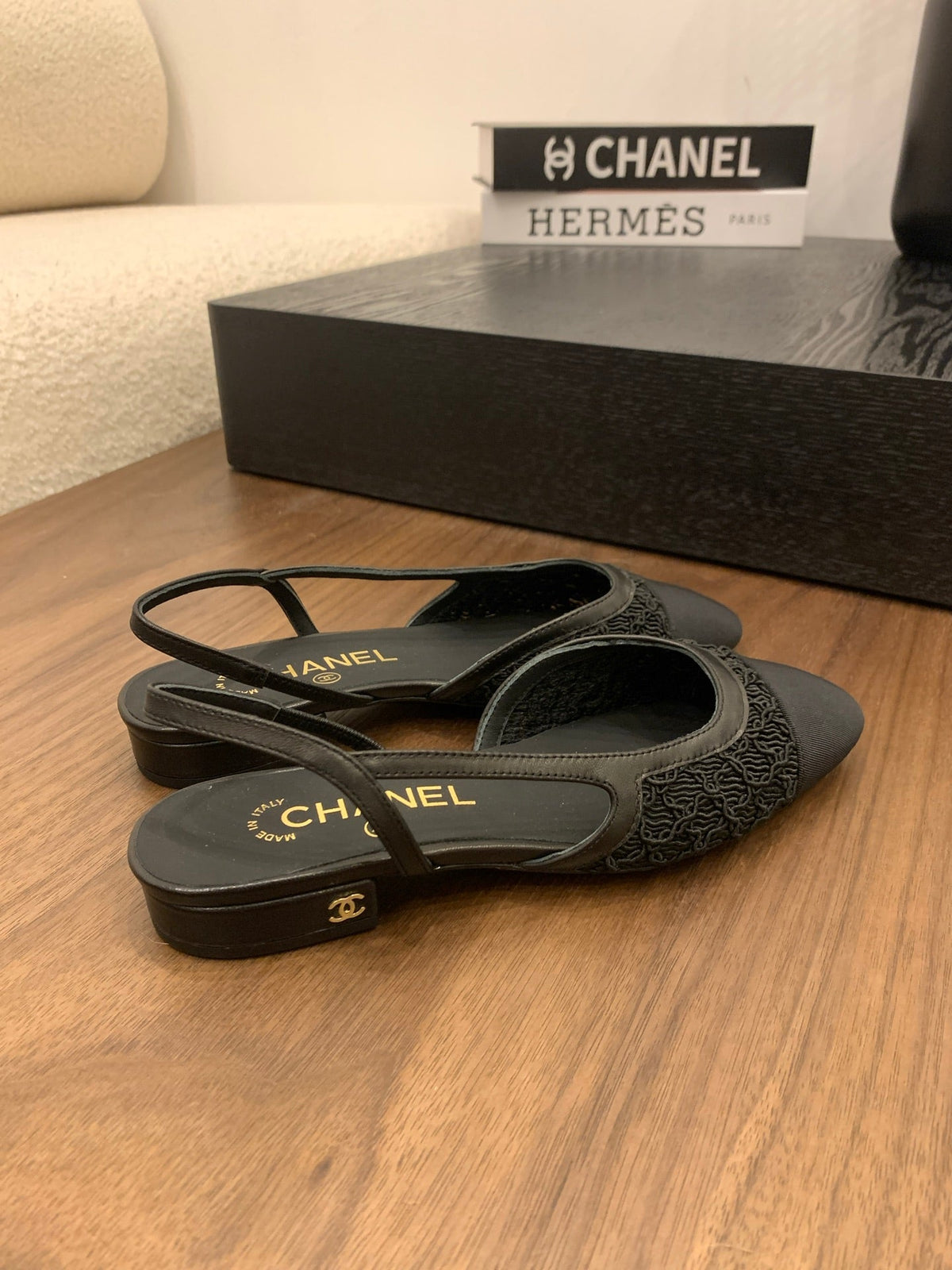 CC 25 Slingback Flat Black Fabric Grosgrain