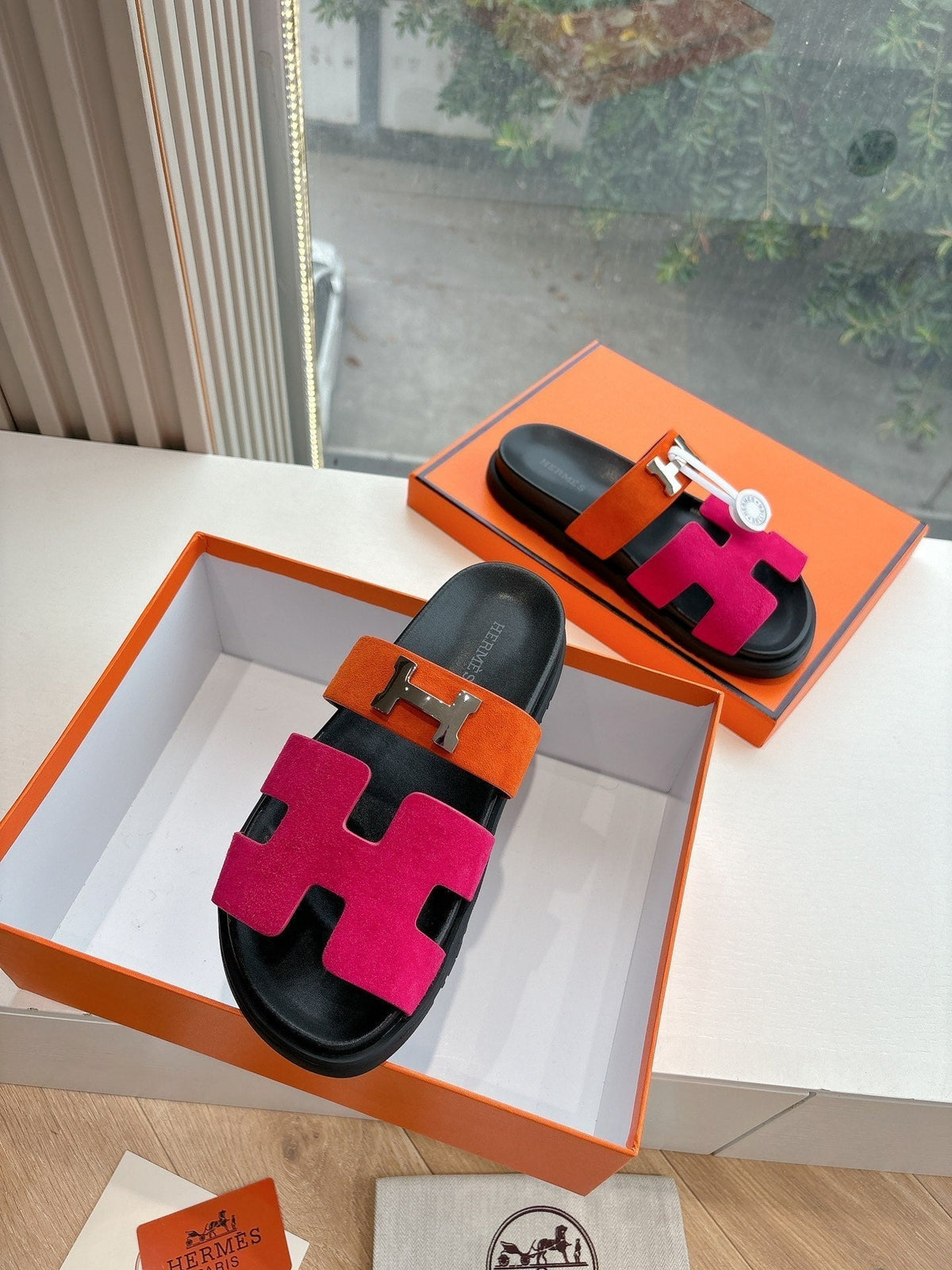 HM 25 Chypre Sandal Orange Red Suede Calfskin Silver H