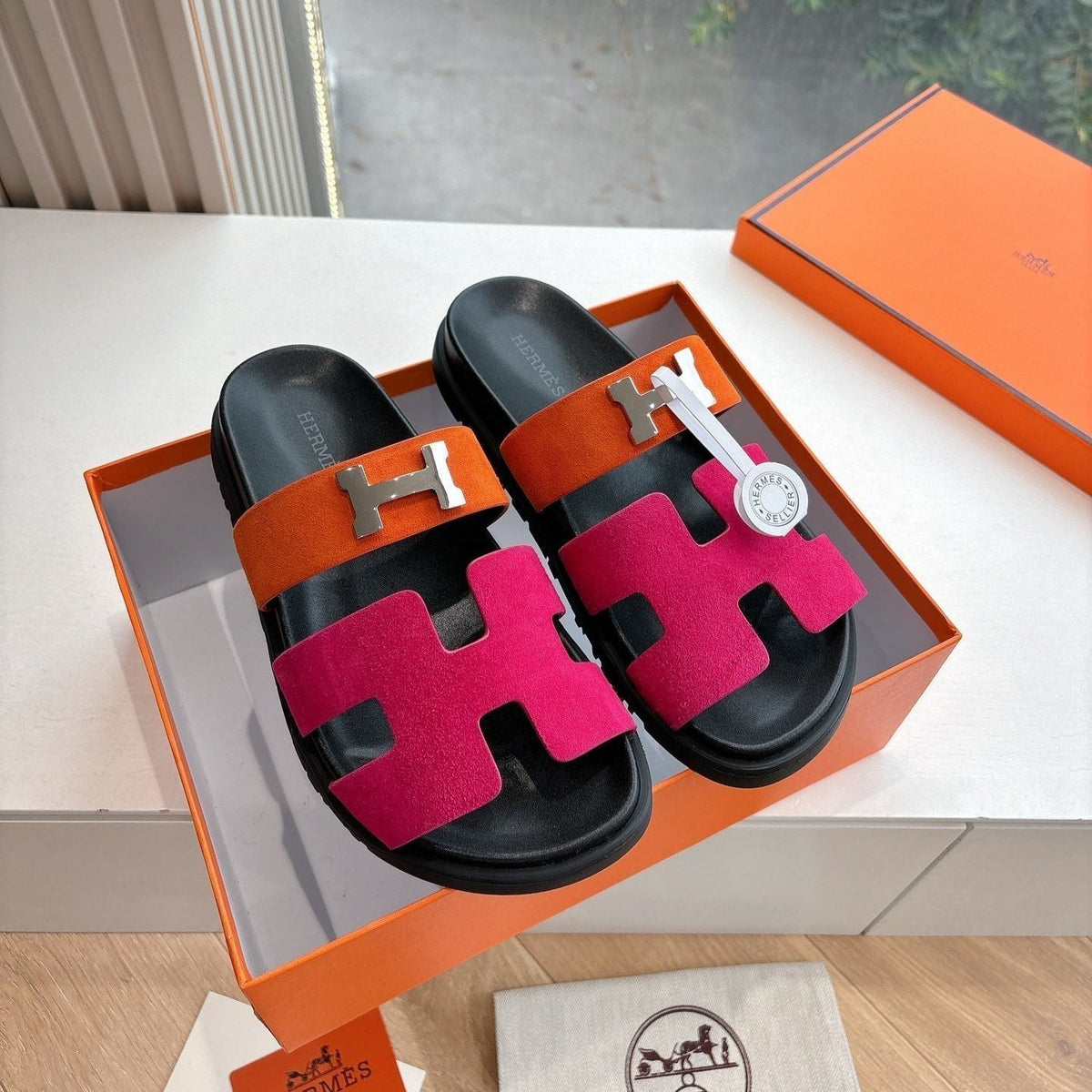HM 25 Chypre Sandal Orange Red Suede Calfskin Silver H
