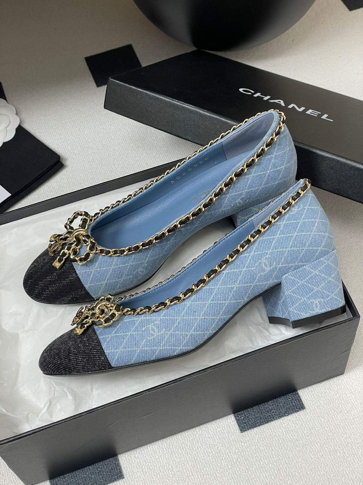CC 25S 60mm Chain Bow Single Pumps Blue Denim Black Grosgrain 247665