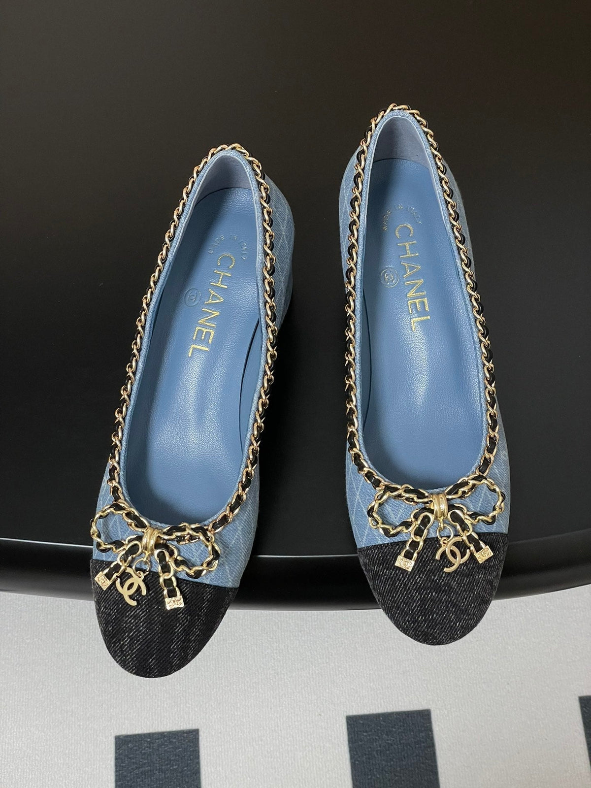 CC 25S 60mm Chain Bow Single Pumps Blue Denim Black Grosgrain 247665