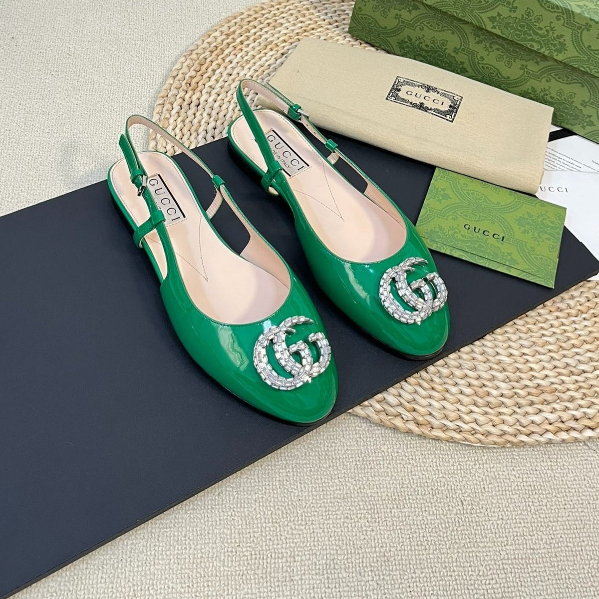 GG Double G patent leather slingback ballet flats Glossy Forest Green