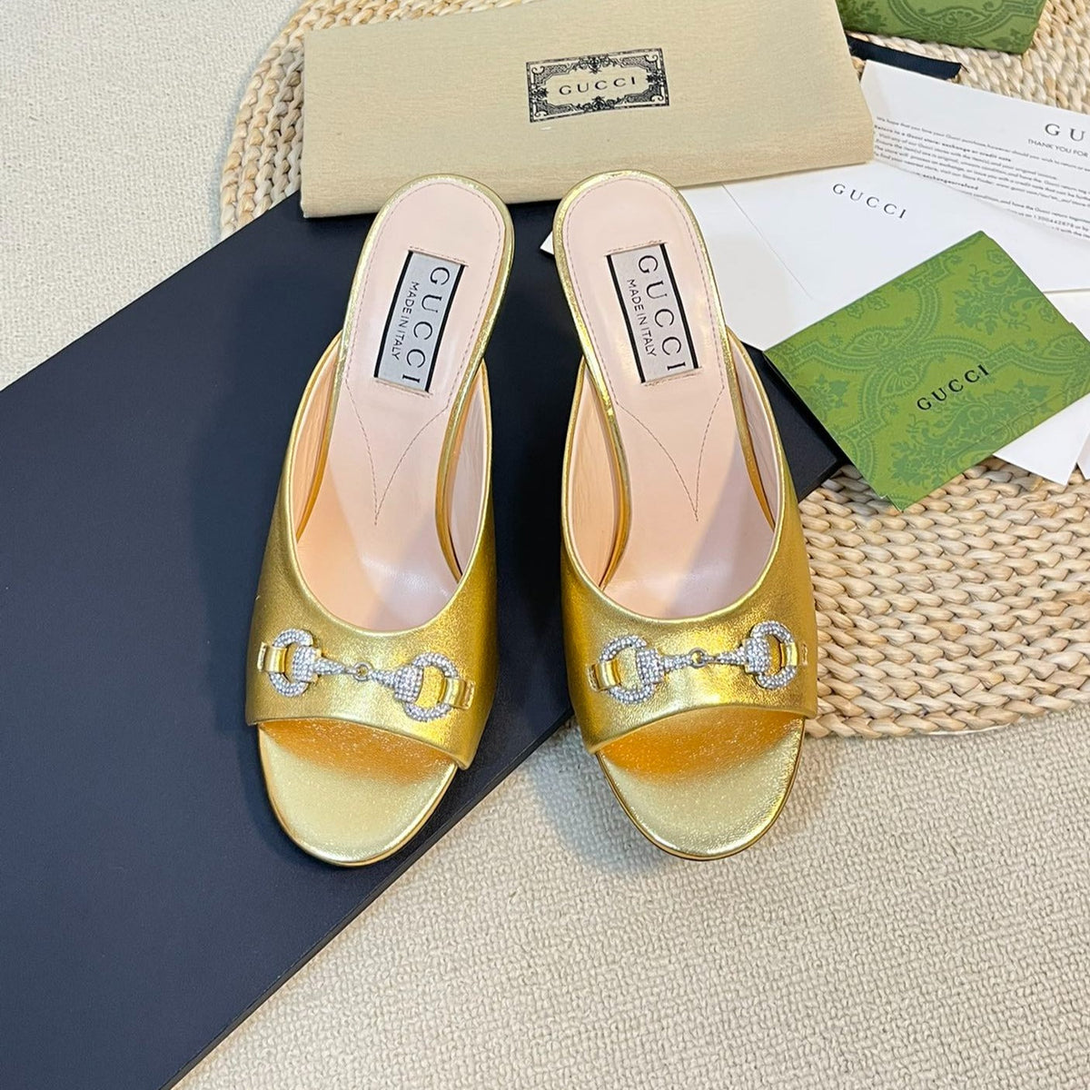 GG  Women's Horsebit mid-heel slide sandal in Gold