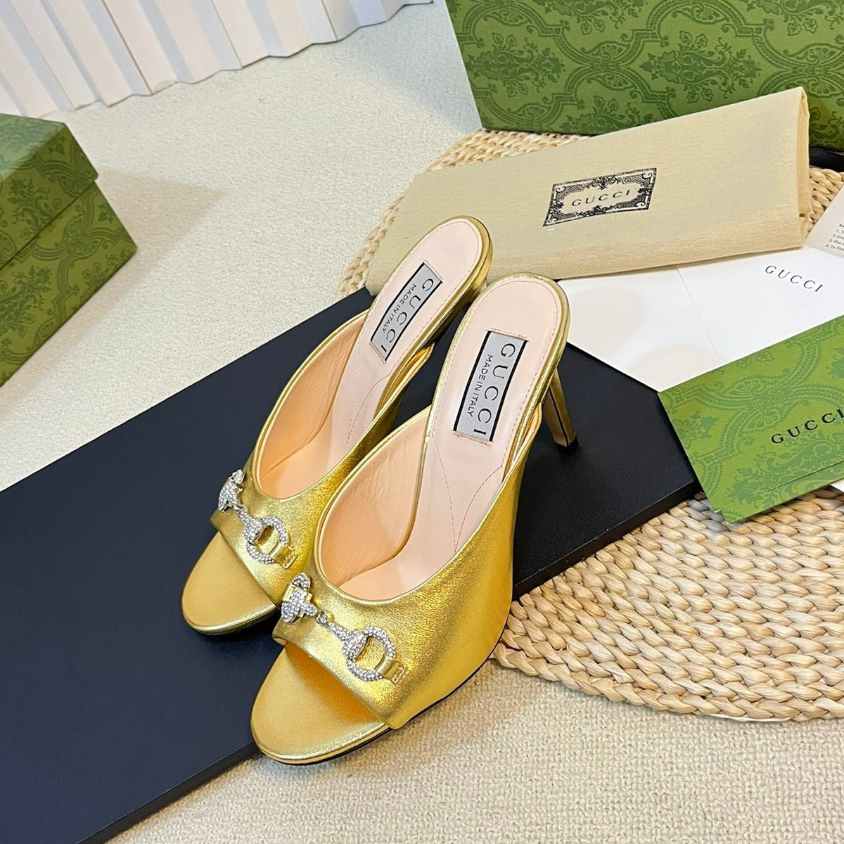 GG  Women's Horsebit mid-heel slide sandal in Gold