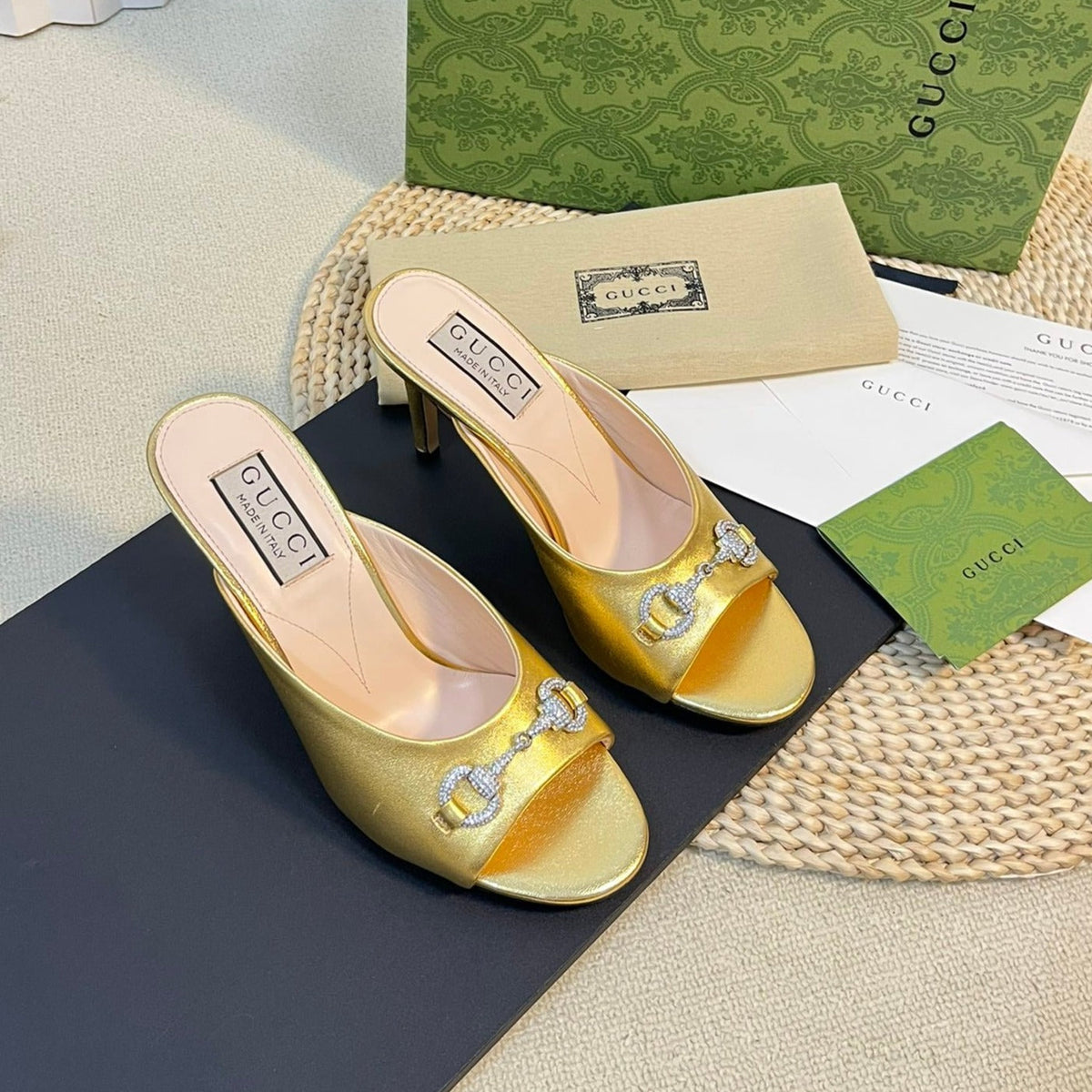GG  Women's Horsebit mid-heel slide sandal in Gold