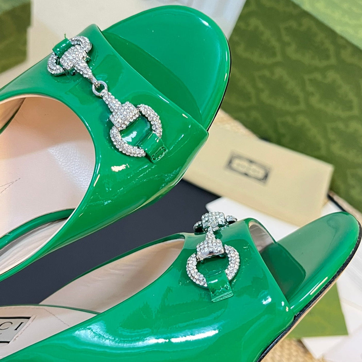 GG  Women's Horsebit mid-heel slide sandal in glossy Jade Green