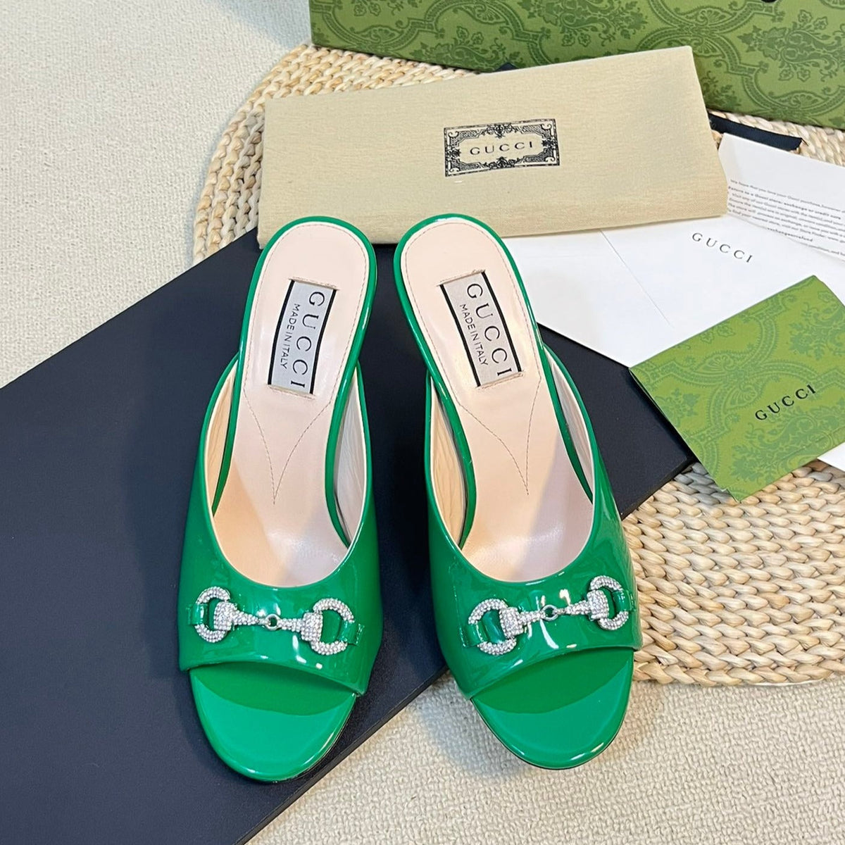GG  Women's Horsebit mid-heel slide sandal in glossy Jade Green