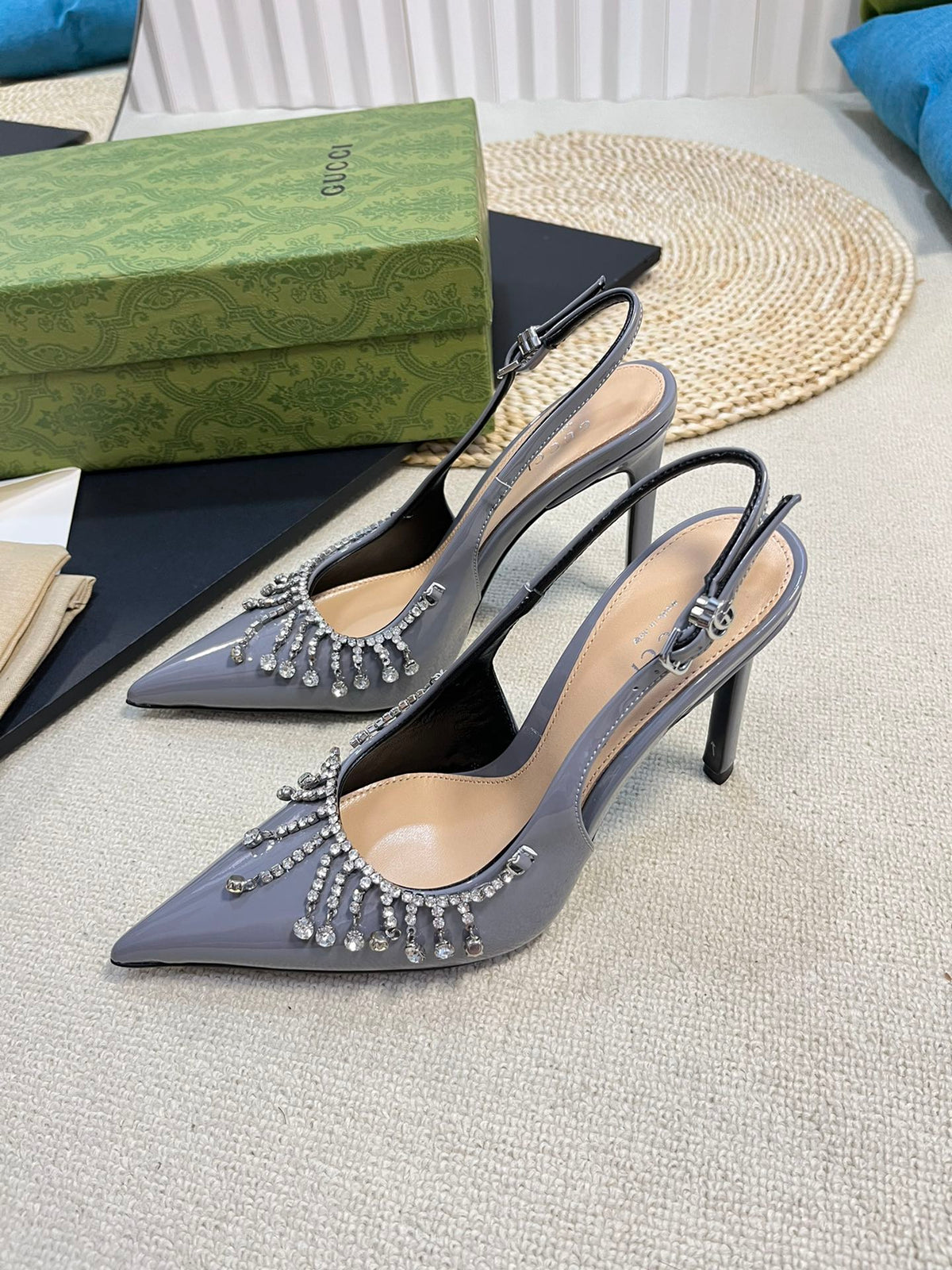 GC Embellished Slingback Dark Gray Patent Leather 294623