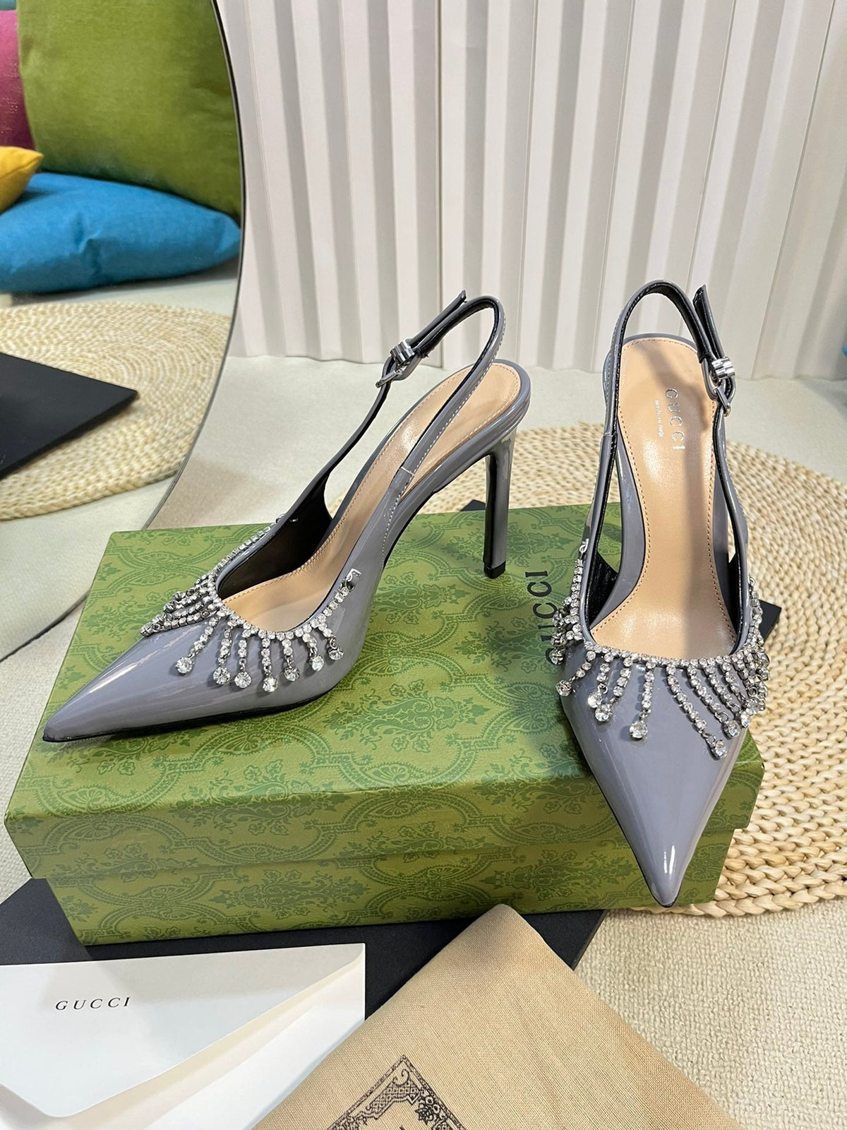 GC Embellished Slingback Dark Gray Patent Leather 294623