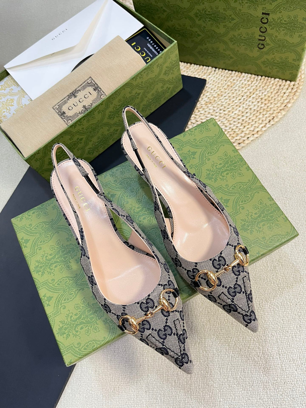 GC Horsebit Slingback Pump 50mm Beige mix Blue Canvas Sheepskin 294559