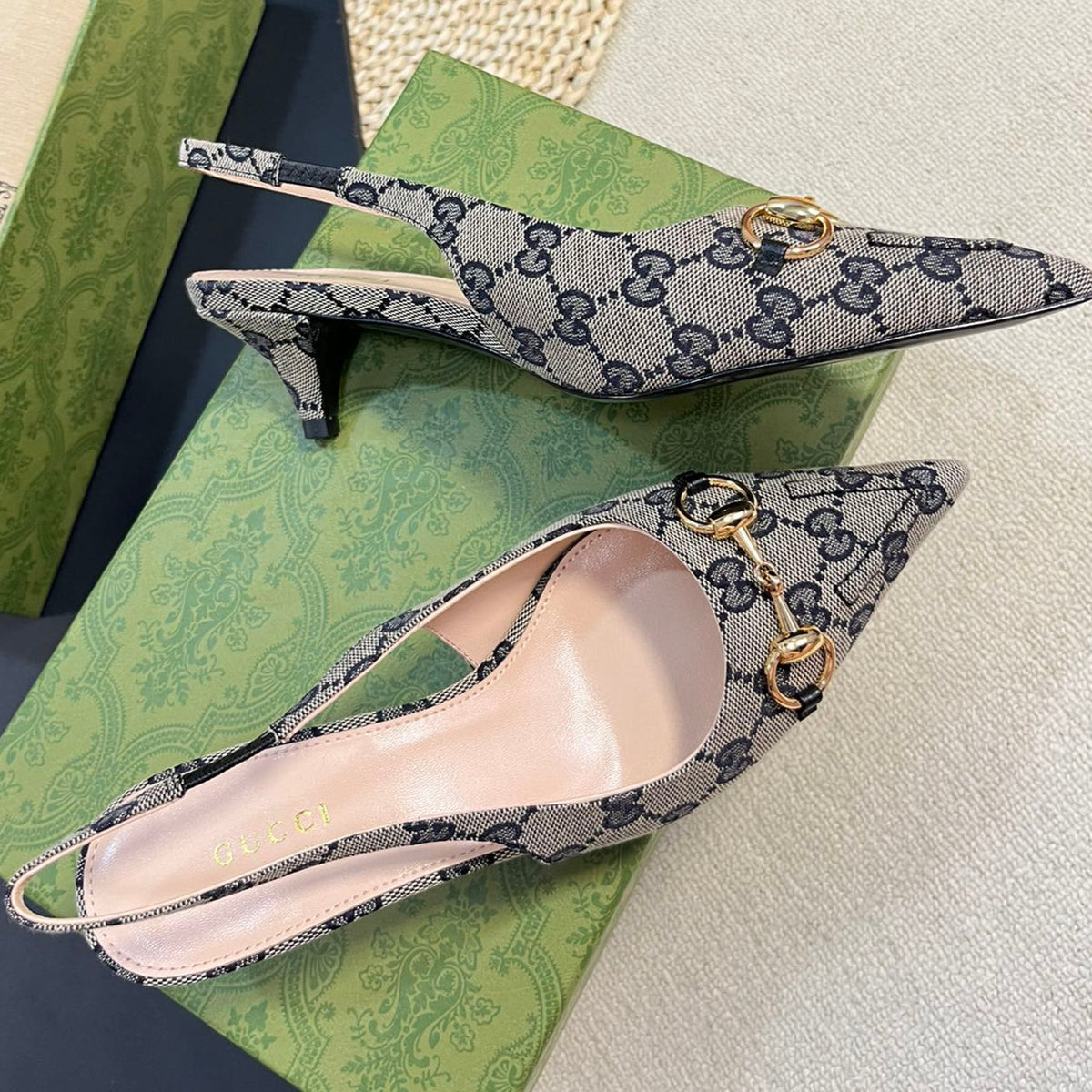 GC Horsebit Slingback Pump 50mm Beige mix Blue Canvas Sheepskin 294559