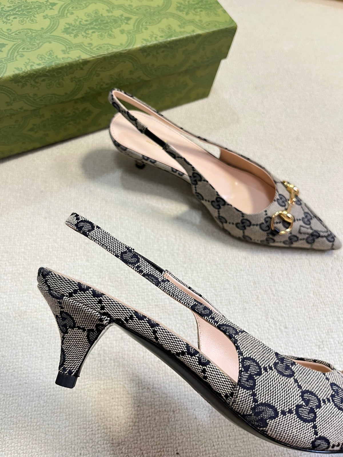 GC Horsebit Slingback Pump 50mm Beige mix Blue Canvas Sheepskin 294559
