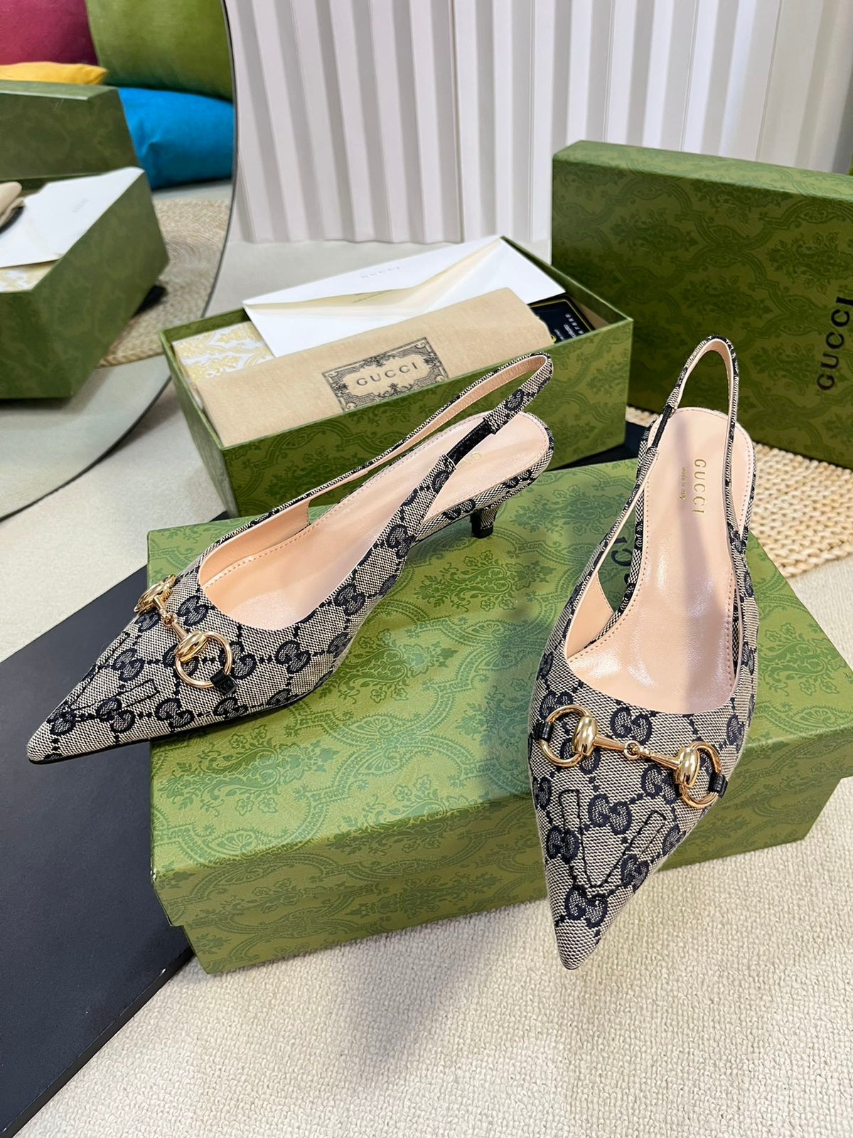 GC Horsebit Slingback Pump 50mm Beige mix Blue Canvas Sheepskin 294559