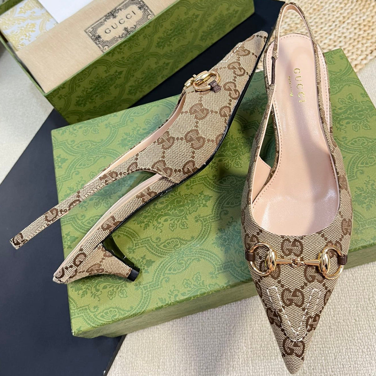 GC Horsebit Slingback Pump 50mm Beige mix Brown Canvas Sheepskin 294560