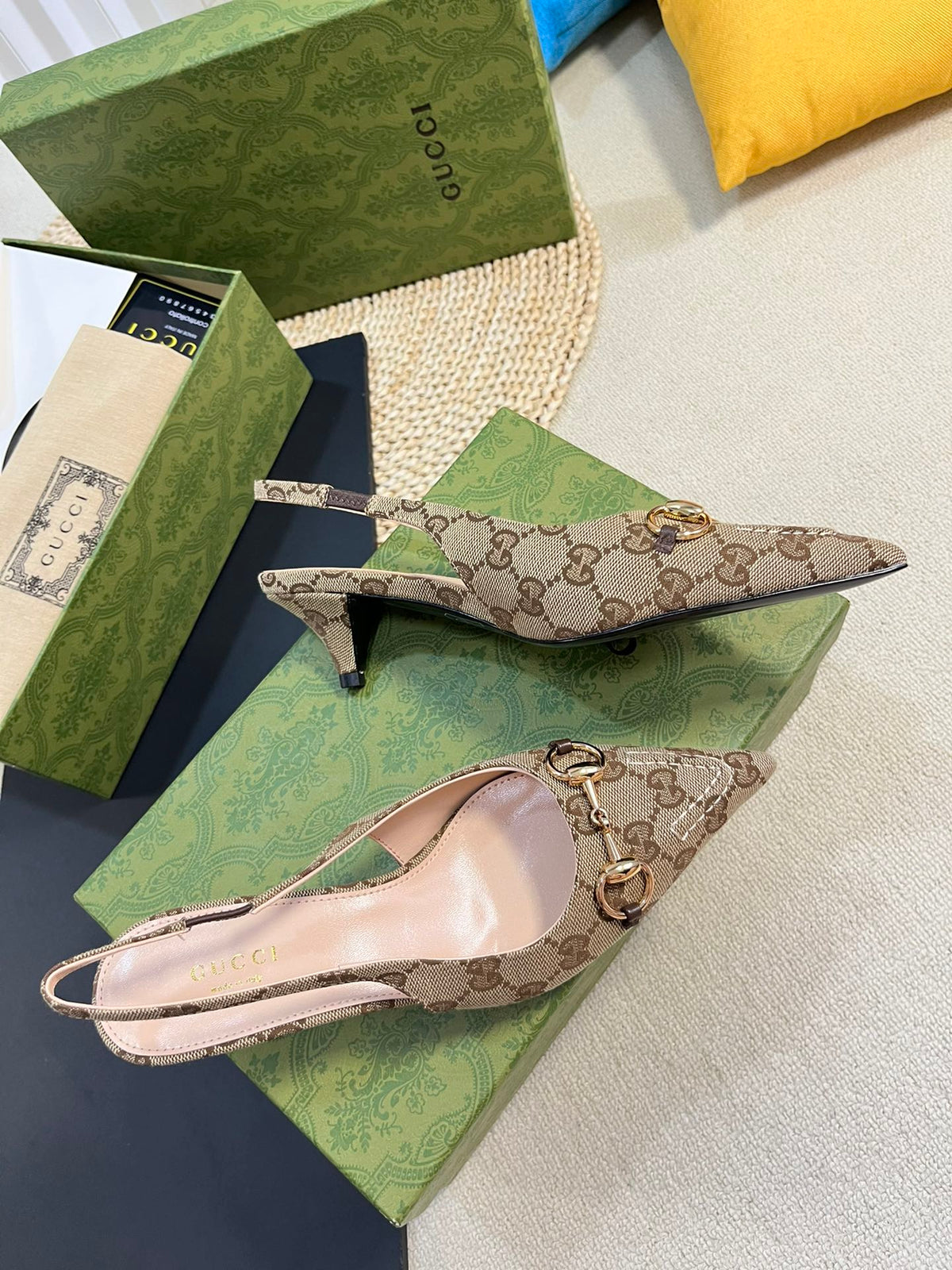GC Horsebit Slingback Pump 50mm Beige mix Brown Canvas Sheepskin 294560