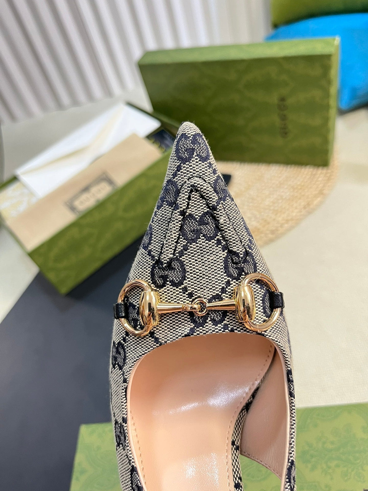 GC Horsebit Slingback Pump 100mm Beige mix Blue Canvas Sheepskin 294565