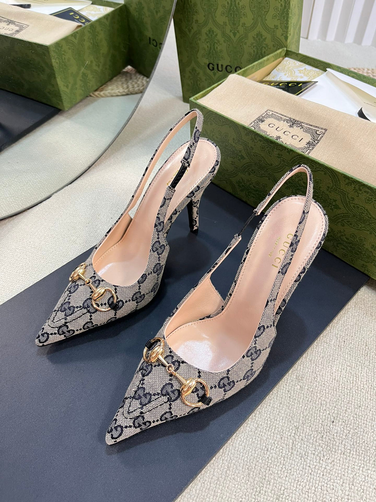 GC Horsebit Slingback Pump 100mm Beige mix Blue Canvas Sheepskin 294565