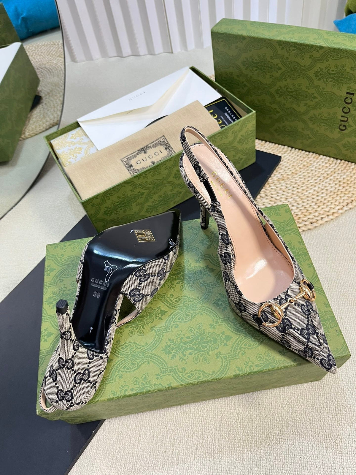 GC Horsebit Slingback Pump 100mm Beige mix Blue Canvas Sheepskin 294565