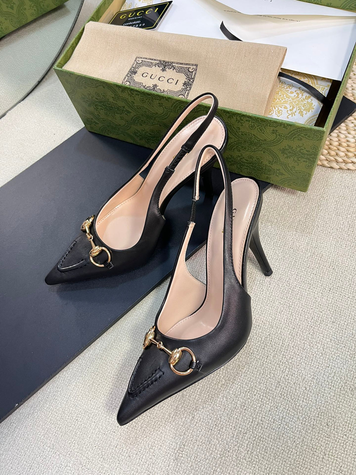 GC Horsebit Slingback Pump 100mm Black Sheepskin 294569