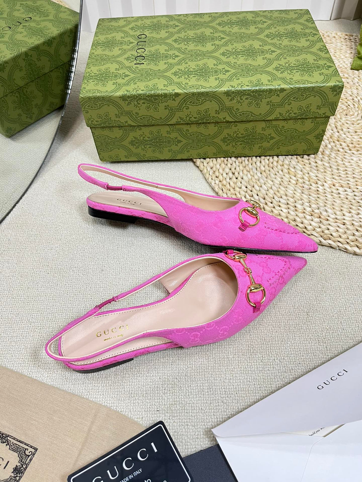 GC Horsebit Slingback Pump 10mm Pink Canvas Sheepskin 294543