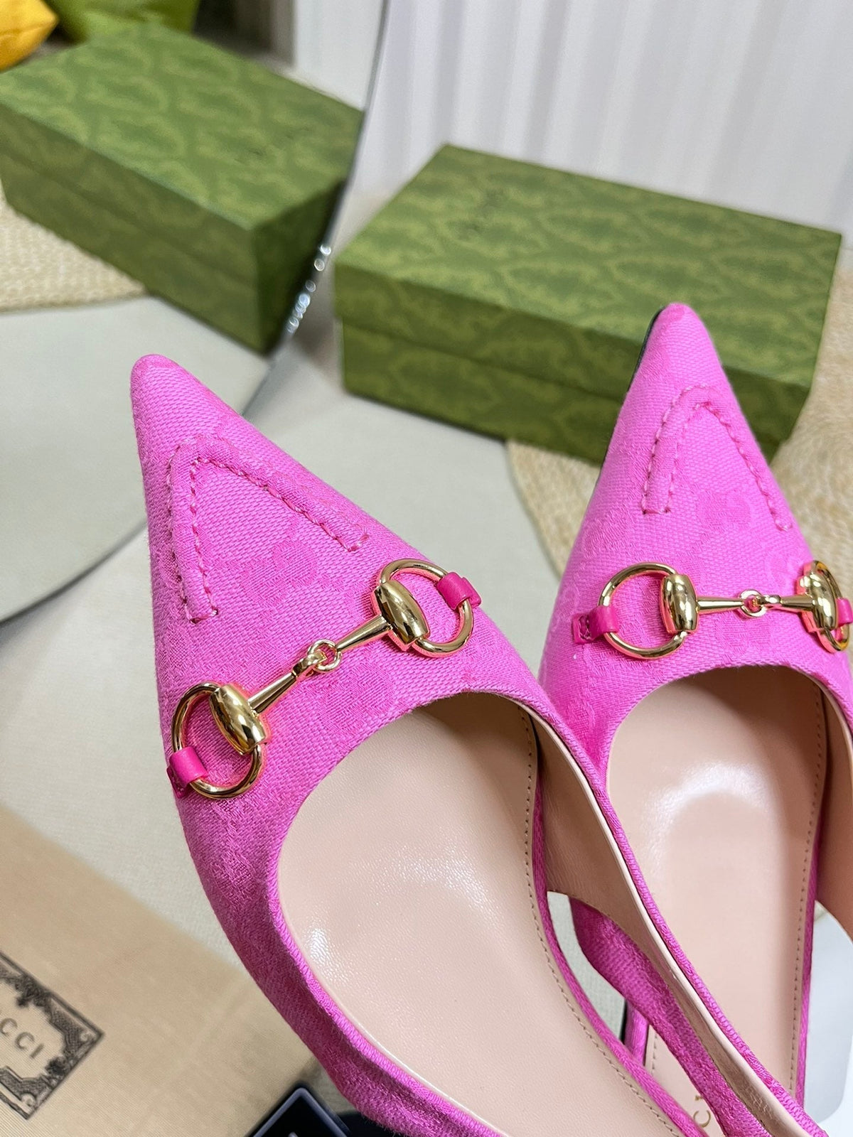 GC Horsebit Slingback Pump 10mm Pink Canvas Sheepskin 294543