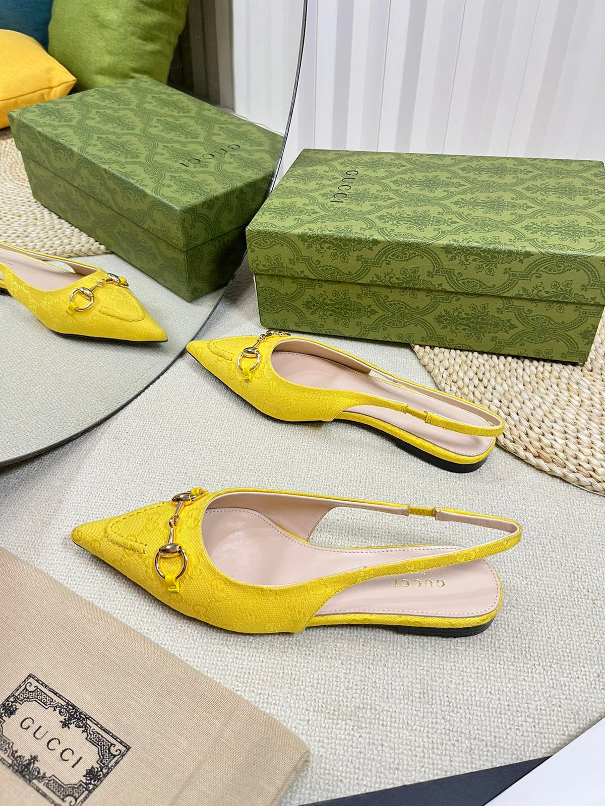 GC Horsebit Slingback Pump 10mm Yellow Canvas Sheepskin 294541