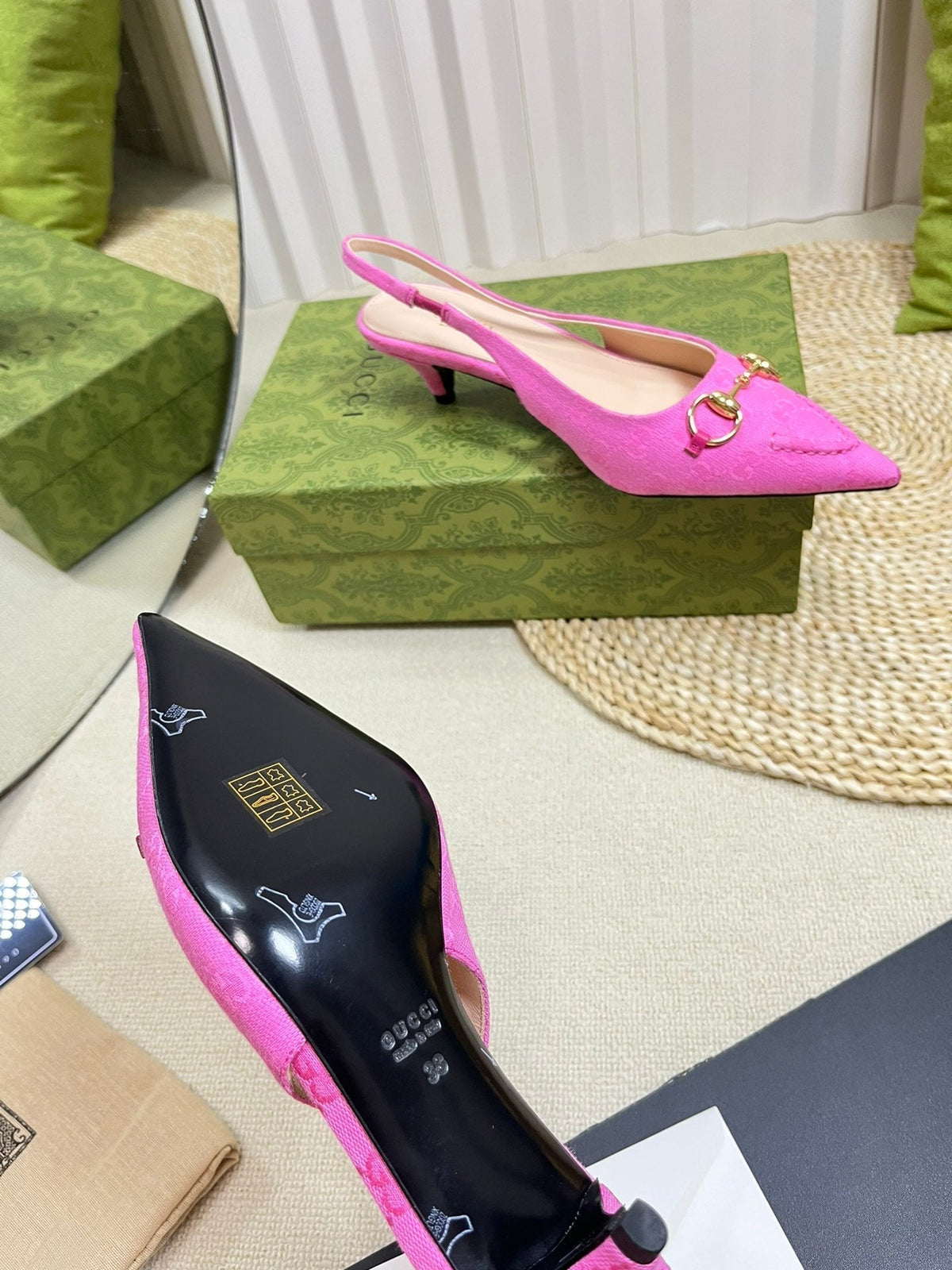 GC Horsebit Slingback Pump 50mm Pink Canvas Sheepskin 294547
