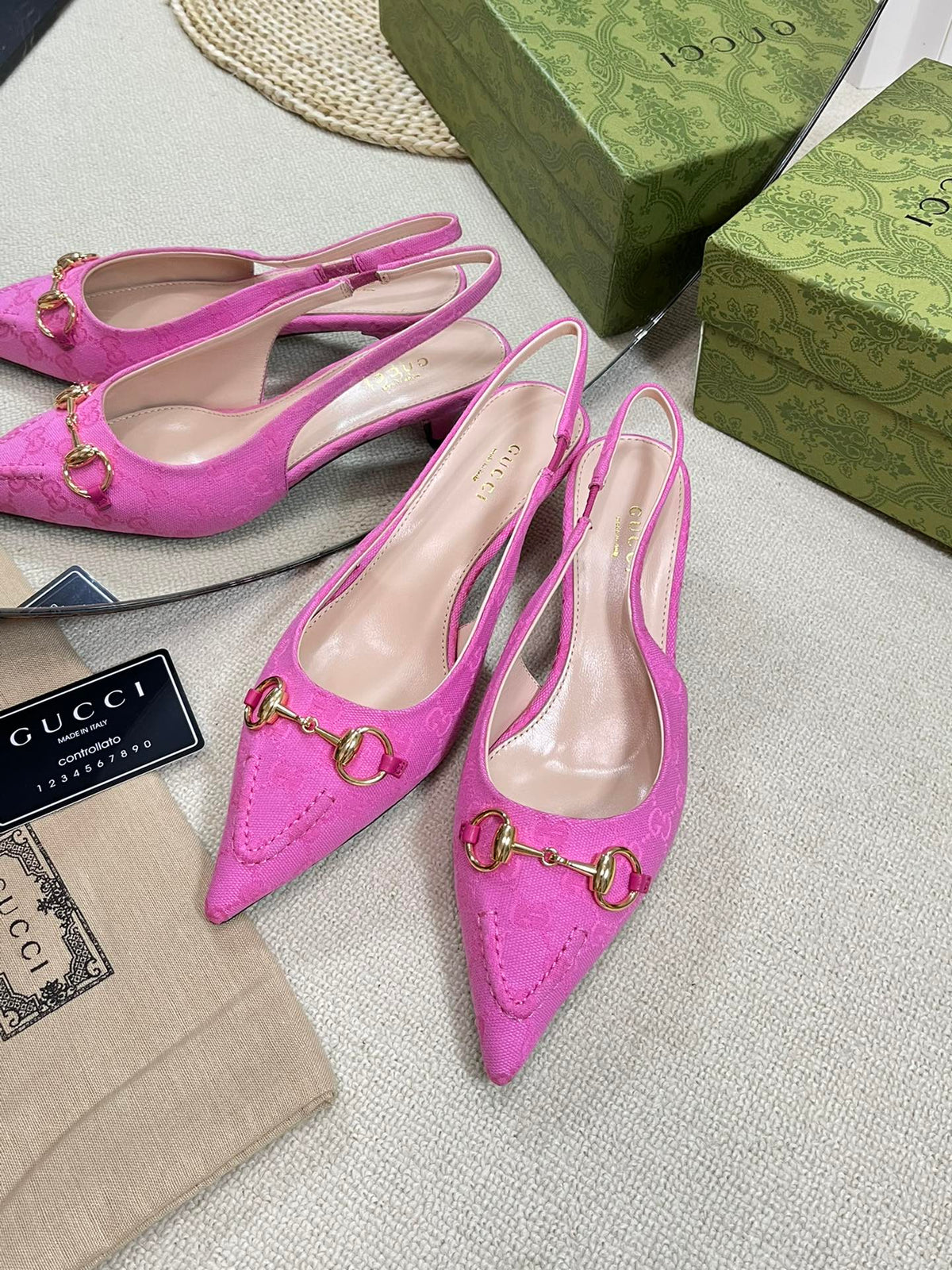 GC Horsebit Slingback Pump 50mm Pink Canvas Sheepskin 294547