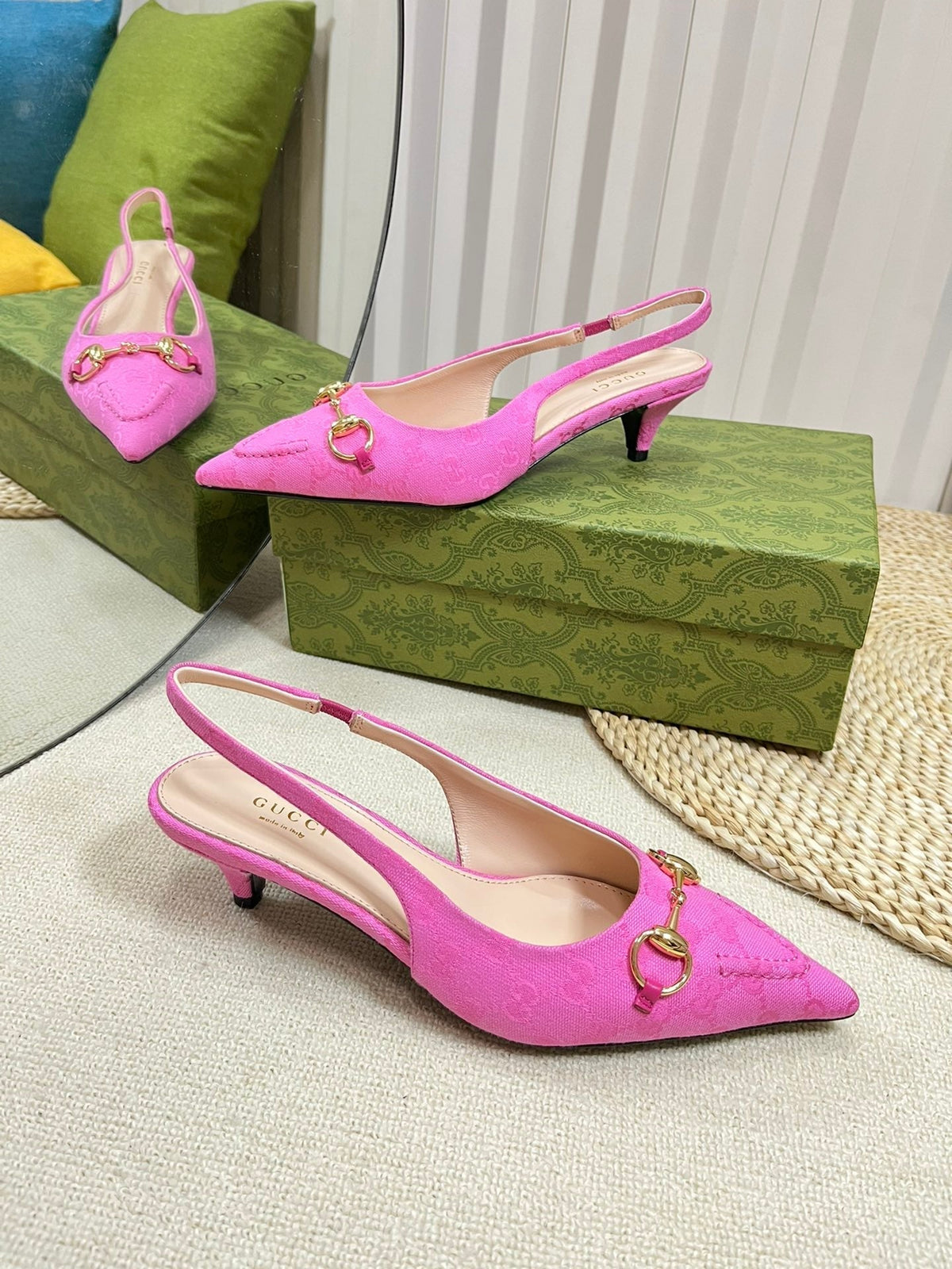 GC Horsebit Slingback Pump 50mm Pink Canvas Sheepskin 294547