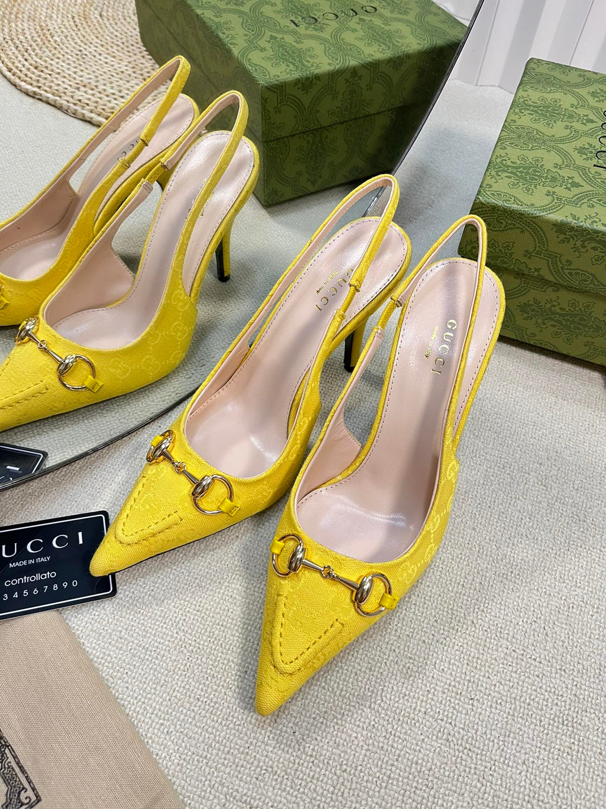 GC Horsebit Slingback Pump 100mm Yellow Canvas Sheepskin 294549