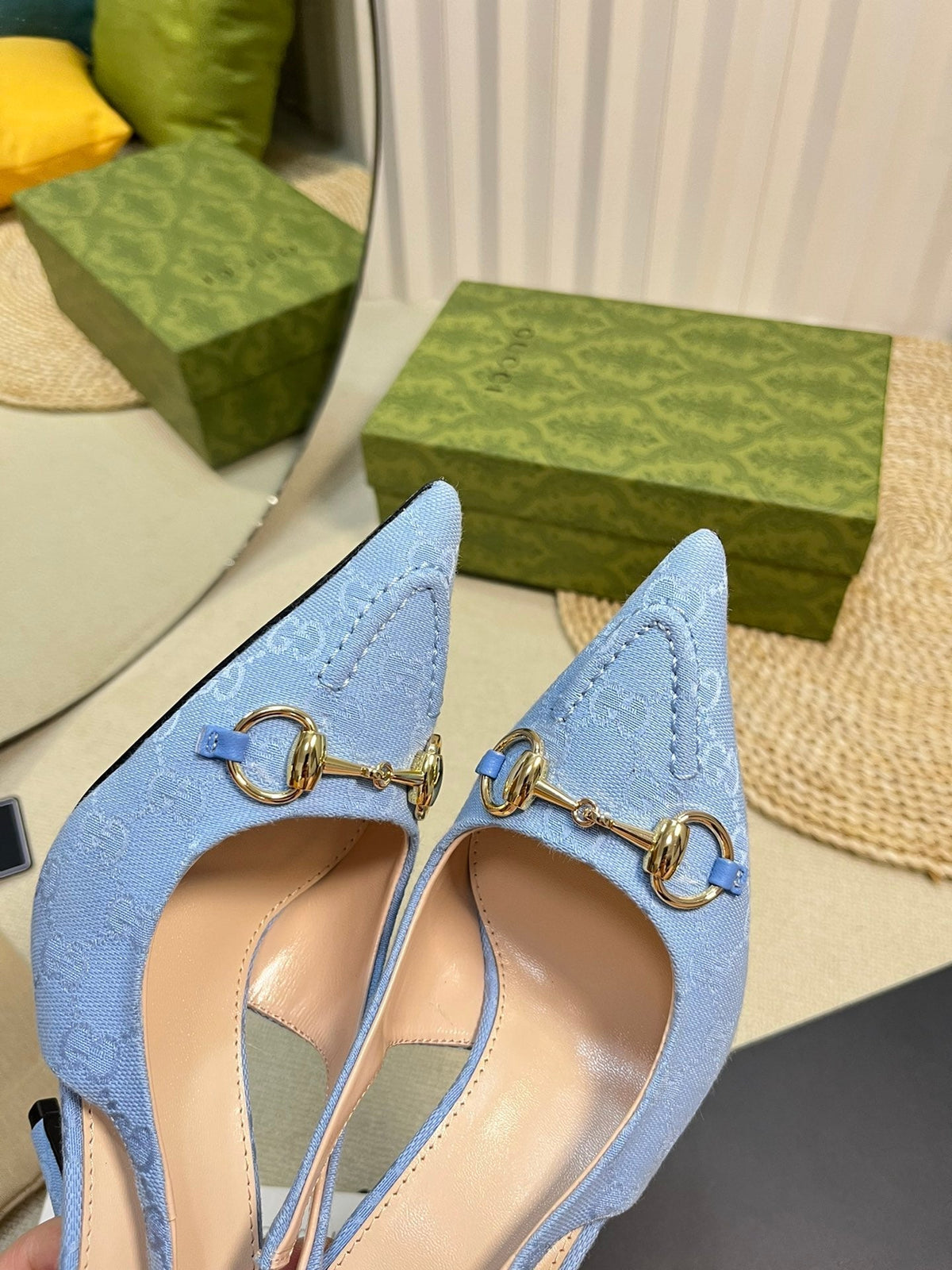 GC Horsebit Slingback Pump 100mm Blue Canvas Sheepskin 294550