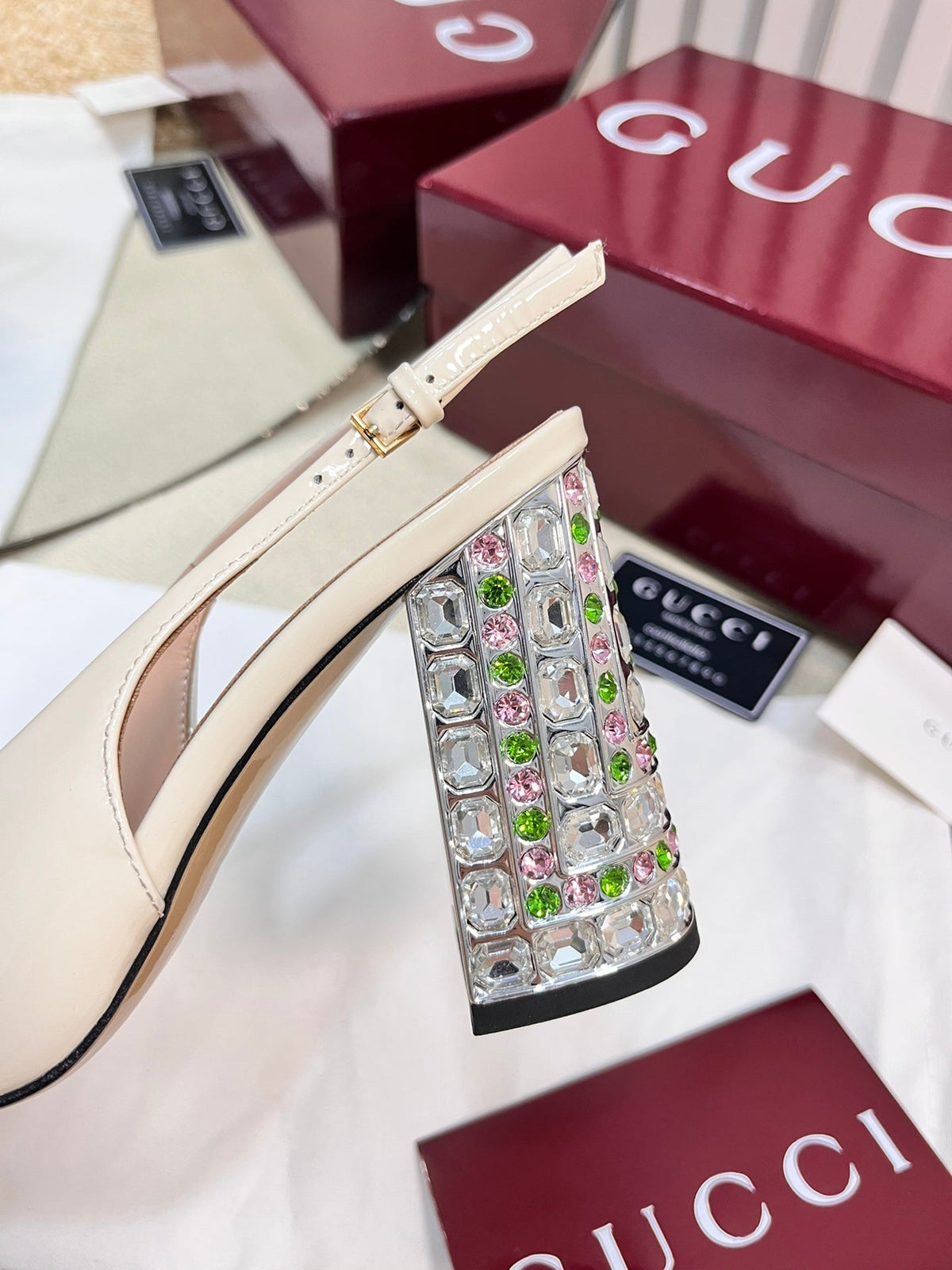 GC Horsebit Slingback with Crystal 95mm Ivory Patent Leather 294595