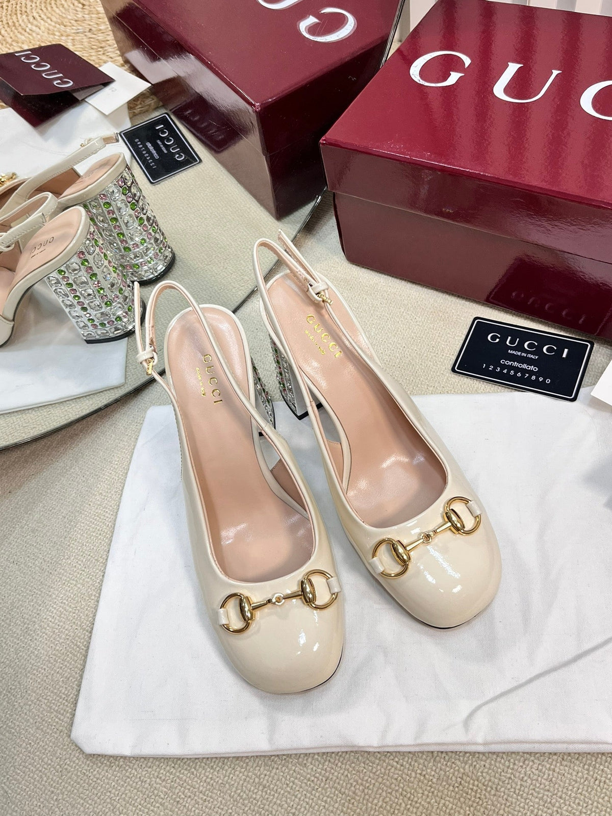 GC Horsebit Slingback with Crystal 95mm Ivory Patent Leather 294595