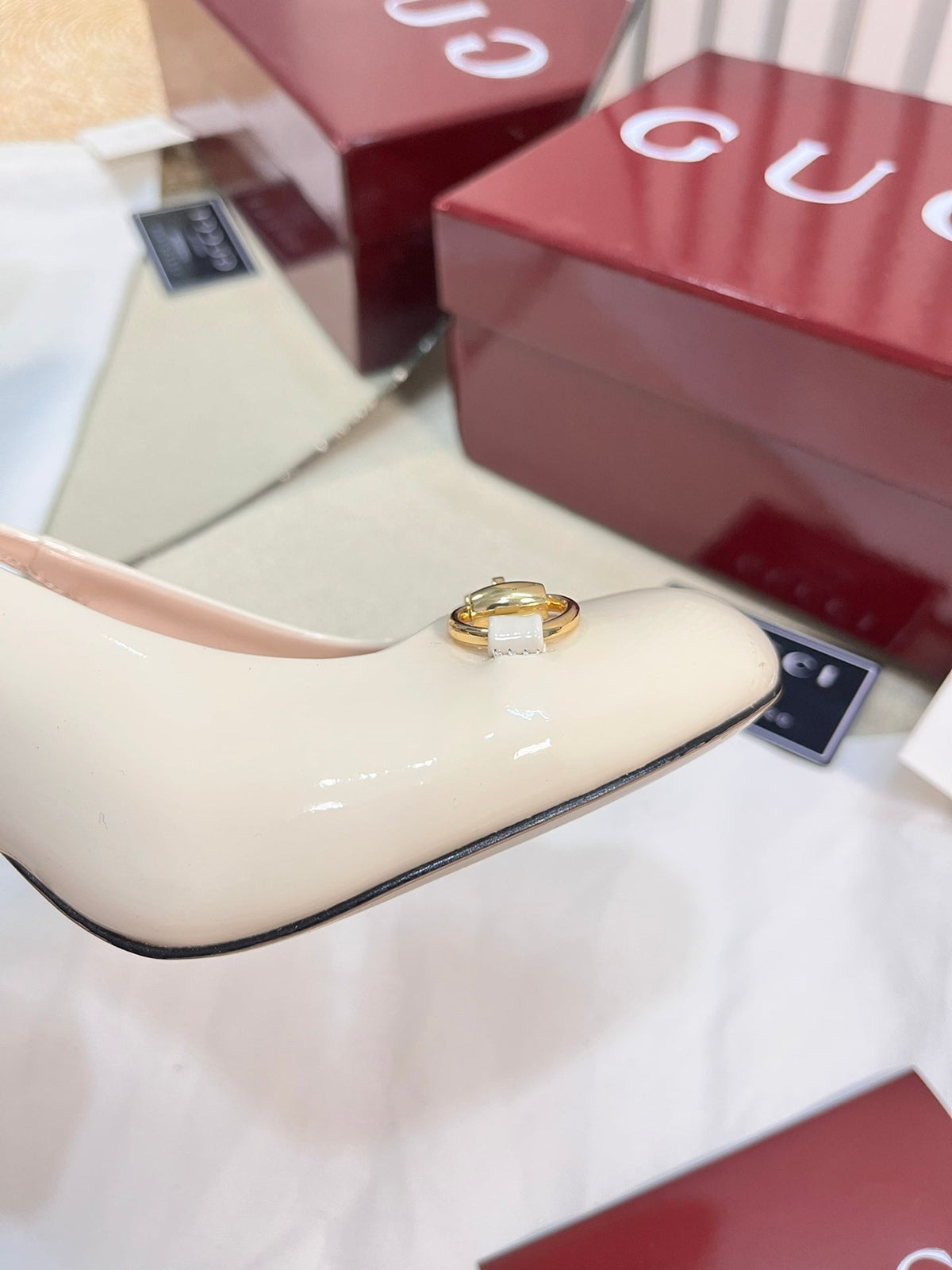 GC Horsebit Slingback with Crystal 95mm Ivory Patent Leather 294595