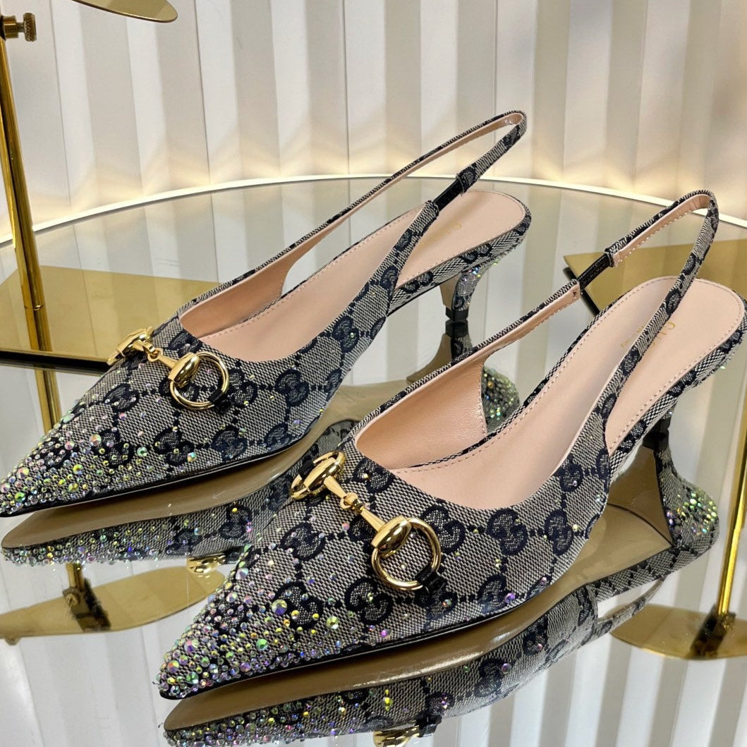 GC Crystal Horsebit Slingback 50mm Beige mix Blue Canvas lambskin 294616