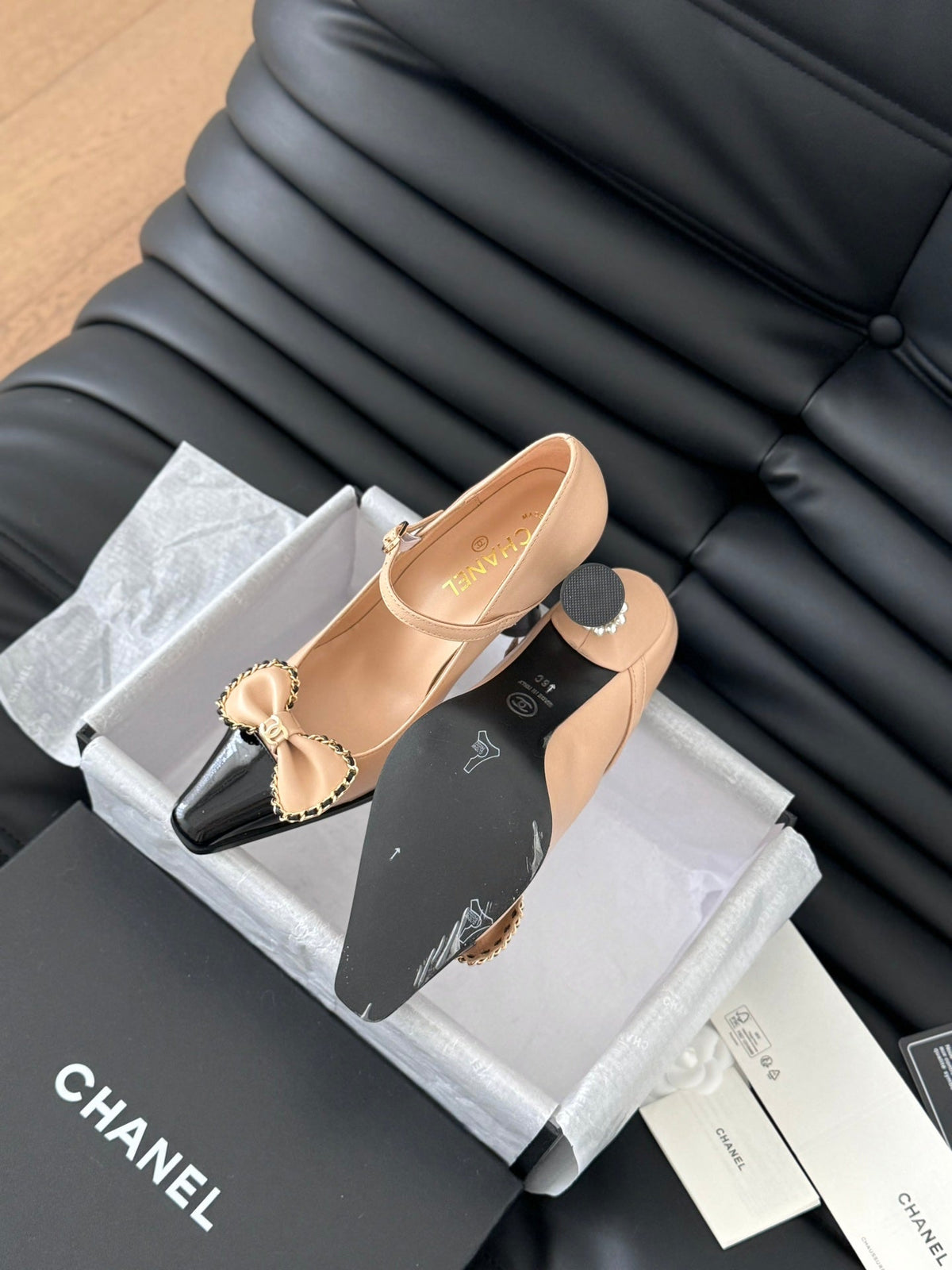 CC POINTED TOE HIGH HEELS IN SEPIA BEIGE MIX BLACK LAMBSKIN GOLD HARDWARE