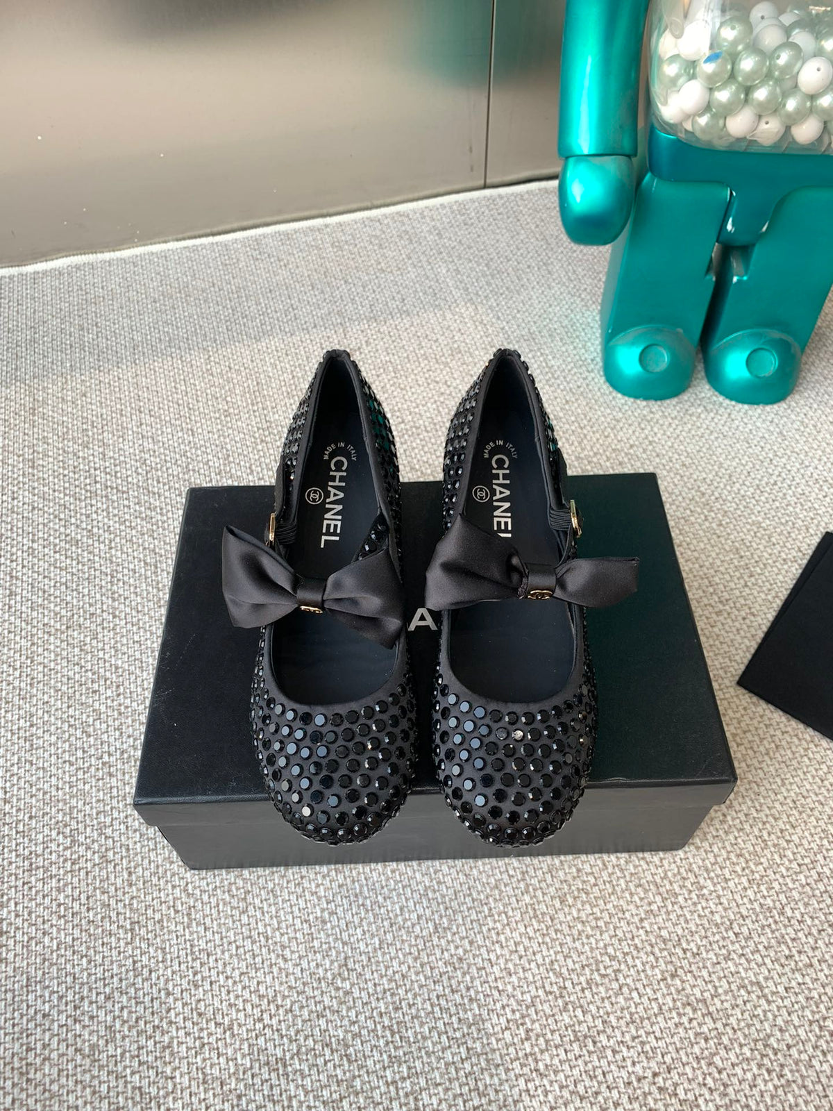 CC MARY JANES SHOES IN BLACK SATIN WITH RHINESTONES