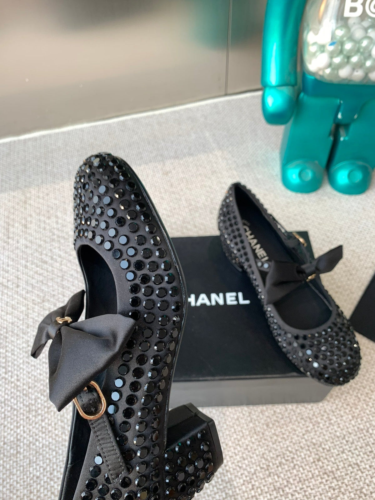 CC MARY JANES SHOES IN BLACK SATIN WITH RHINESTONES