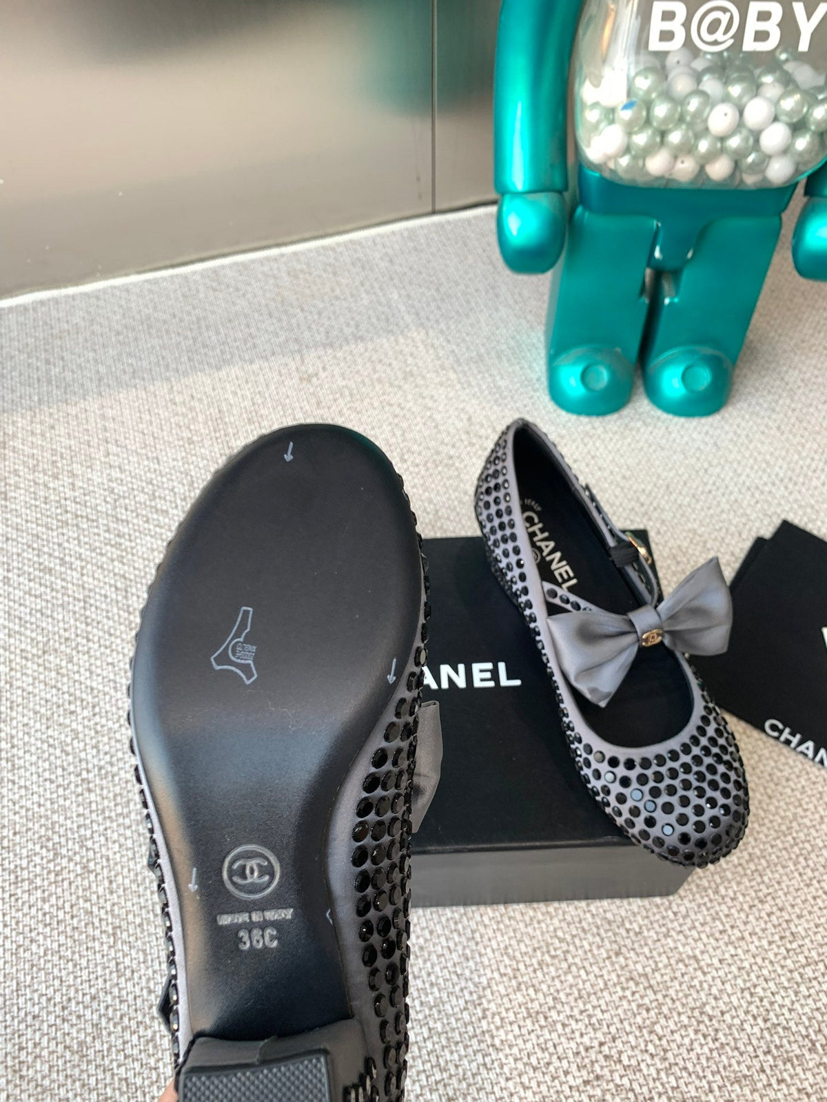 CC MARY JANES SHOES IN STEEL GRAY SATIN WITH BLACK RHINESTONES