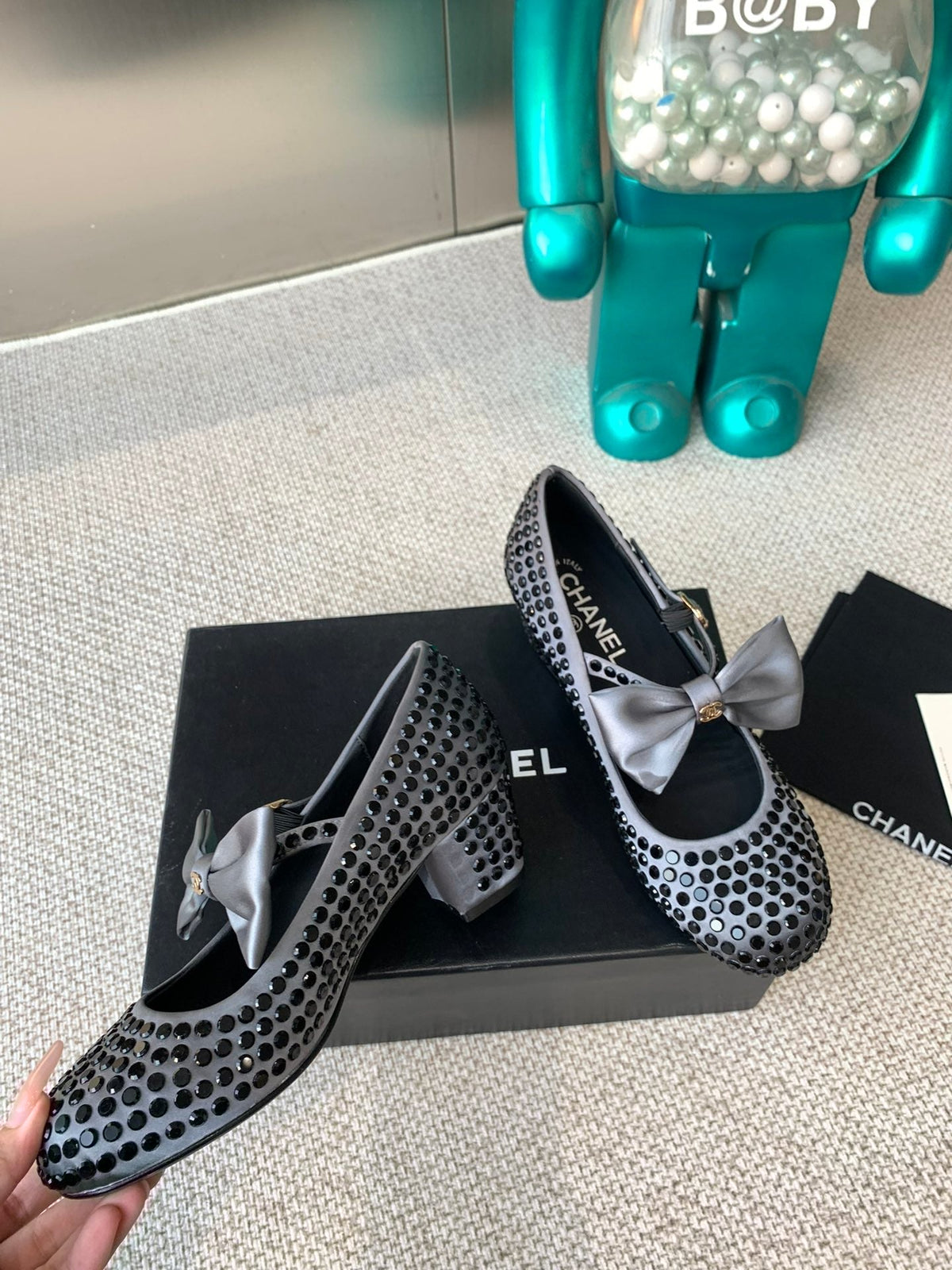 CC MARY JANES SHOES IN STEEL GRAY SATIN WITH BLACK RHINESTONES
