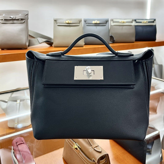 HM Mini 24 Sur 24 Bag 21cm Black Swift Cowhide Silver Hardware 250278
