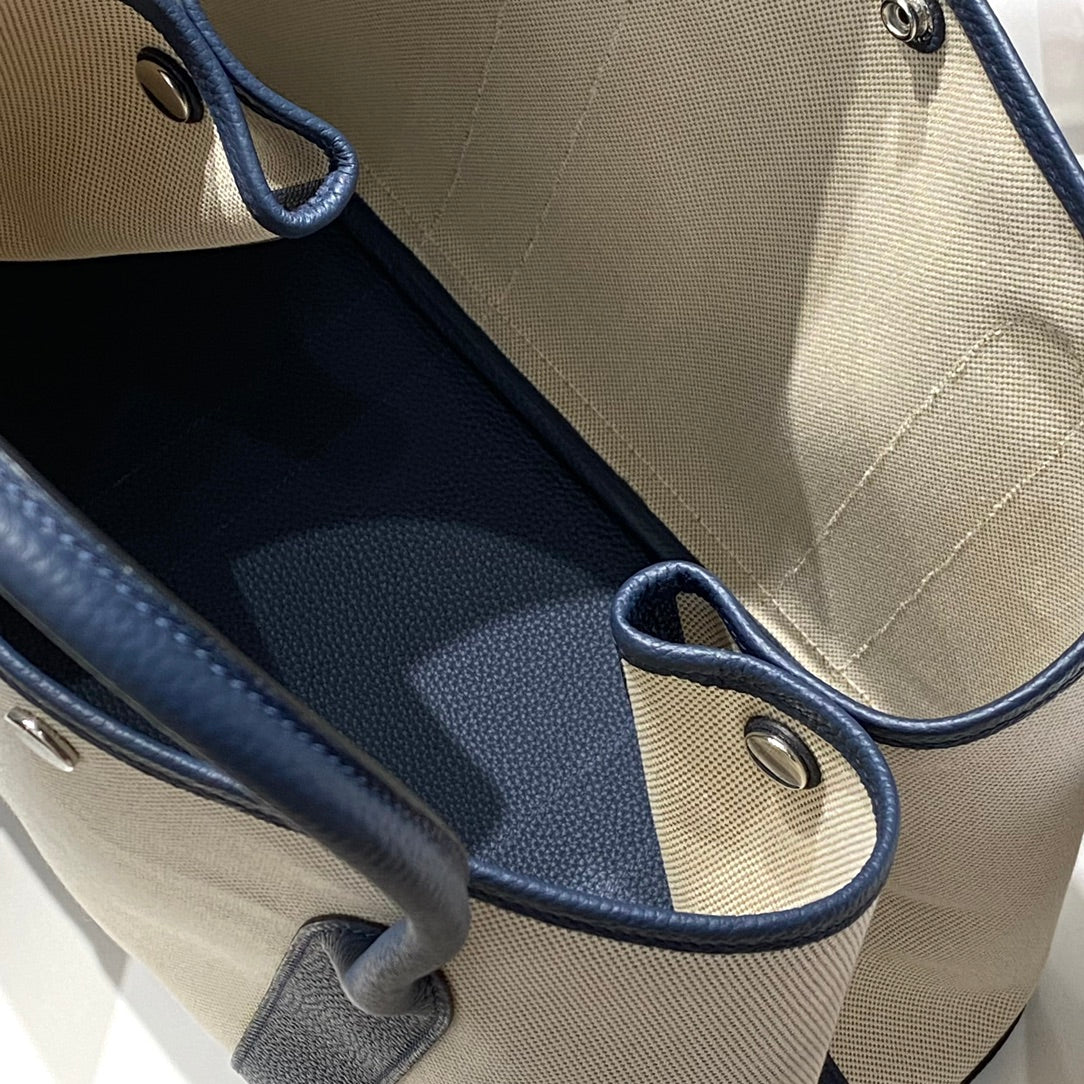 HM Garden Party 36 Beige mix Navy Blue Canvas and Negonda Calfskin 243391