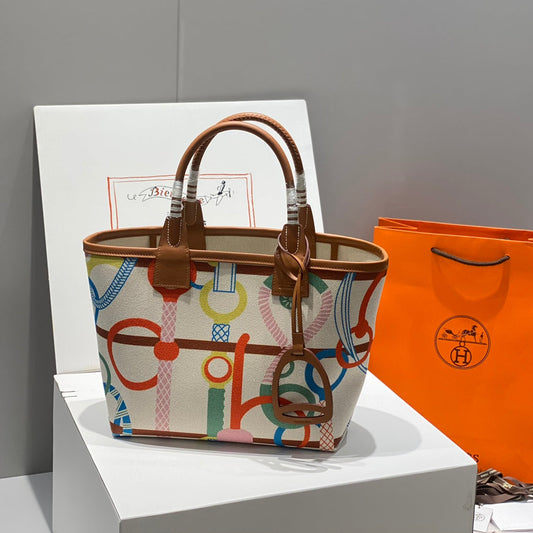 STEEPLE 28 BAG IN COLORFUL CANVAS AND BROWN SWIFT LEATHER